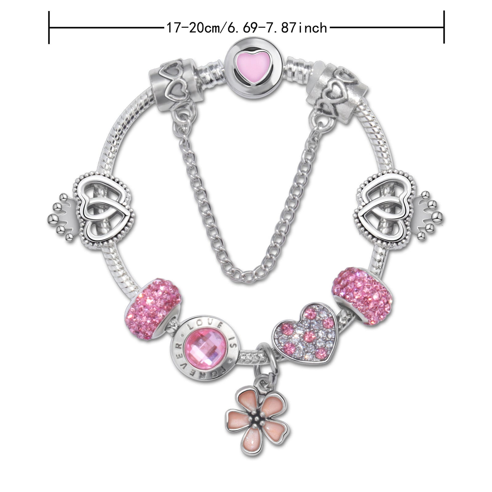 Rhinestone Heart & Crown Bead Bracelet,Fashion Sweet Jewelry for Women(pink-20cm)