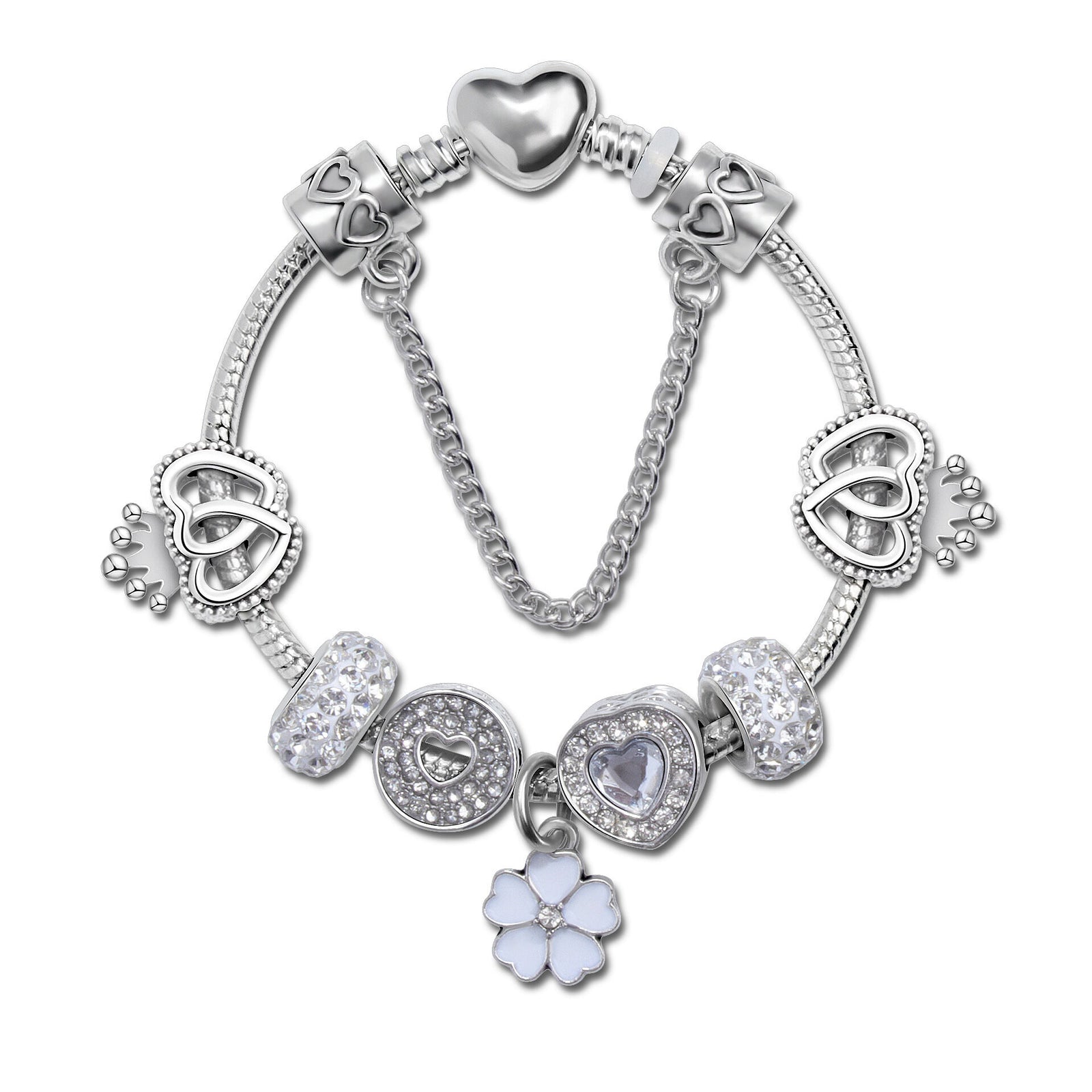 Rhinestone Heart & Crown Bead Bracelet,Fashion Sweet Jewelry for Women(silver-16cm)