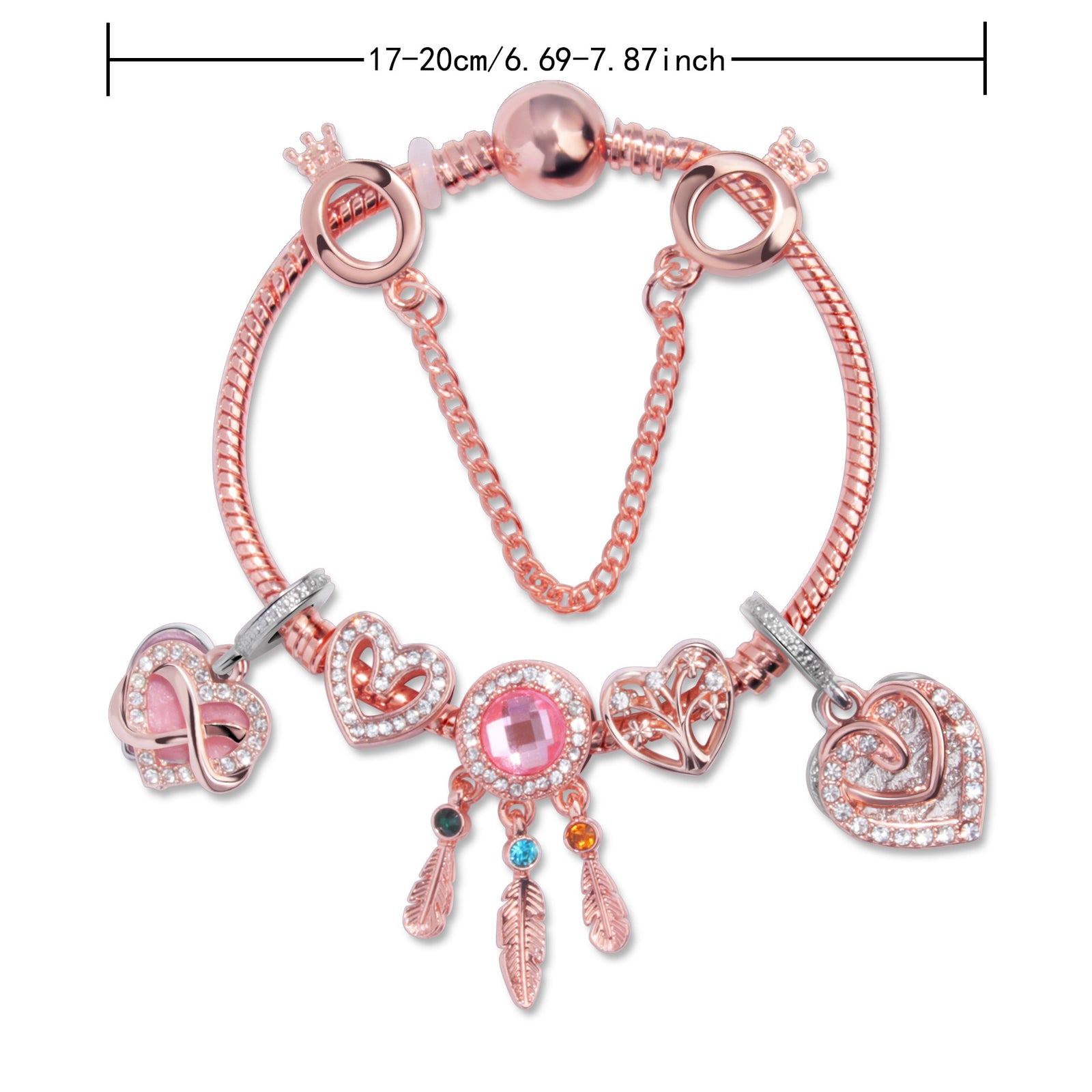 Rose Gold Bracelet with Pink Heart Charms & Crystal Rhinestones(17cm)