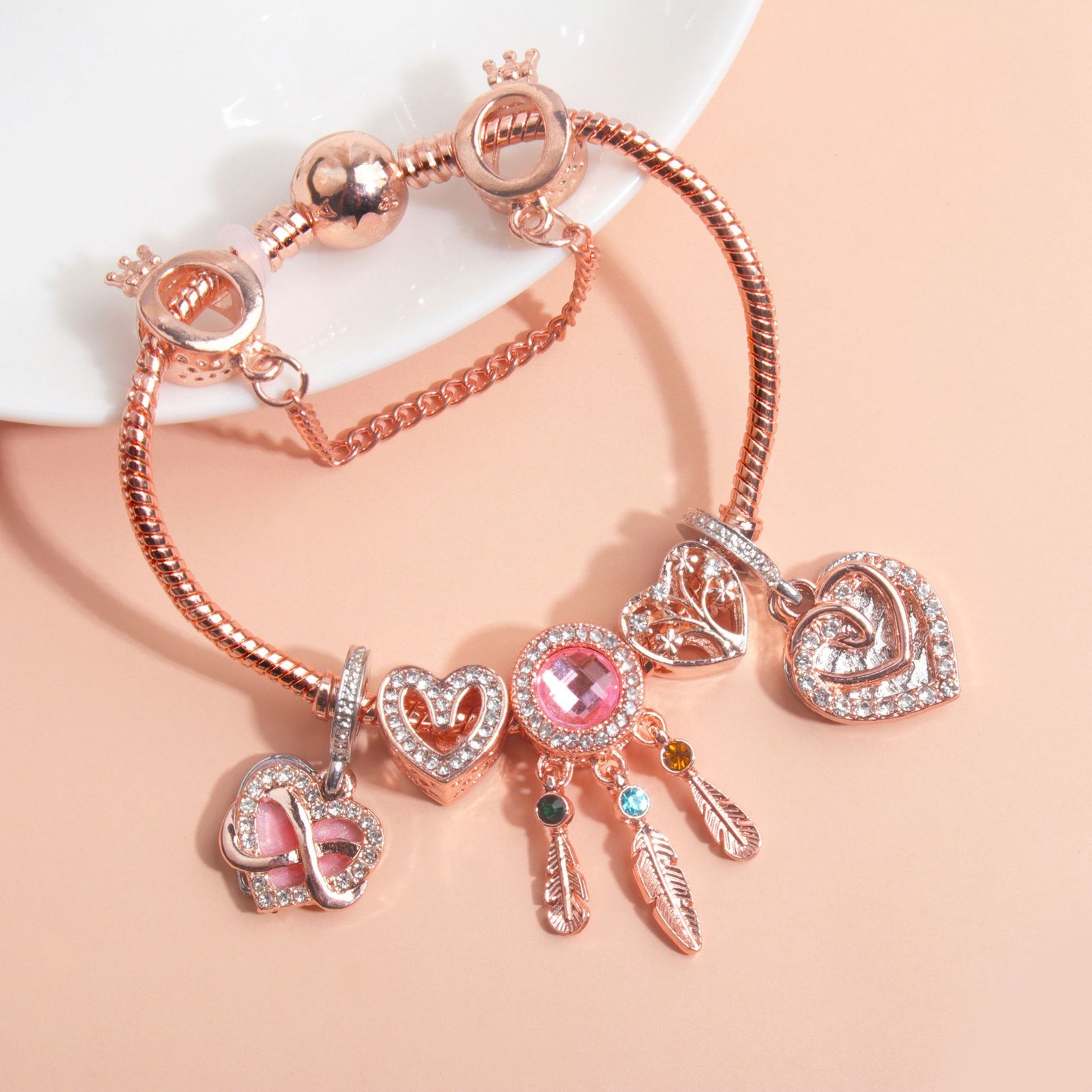 Rose Gold Bracelet with Pink Heart Charms & Crystal Rhinestones(18cm)