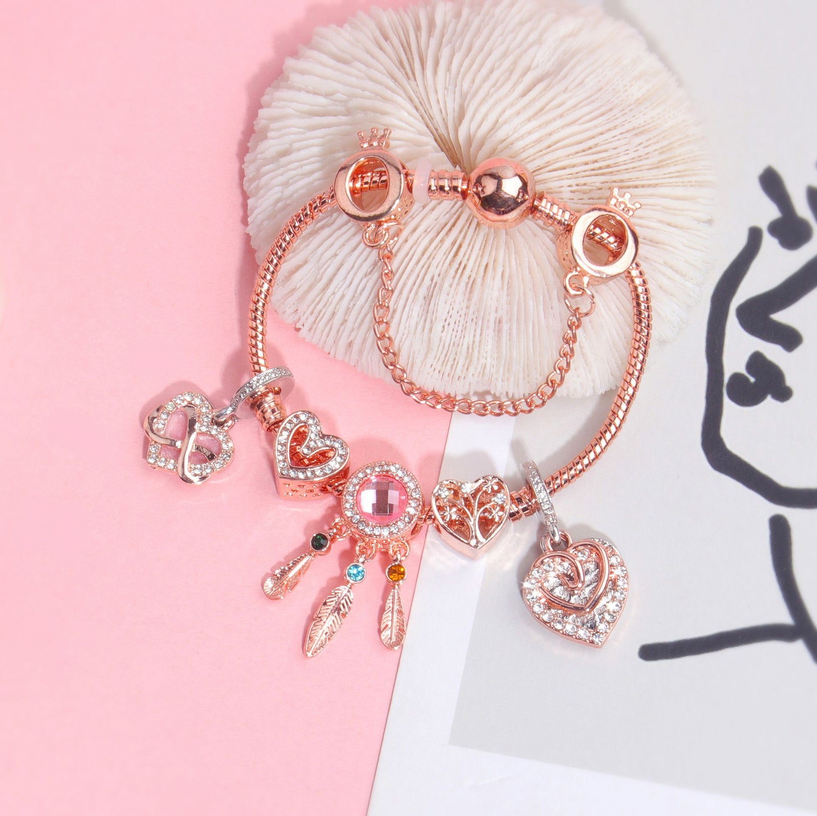 Rose Gold Bracelet with Pink Heart Charms & Crystal Rhinestones(19cm)