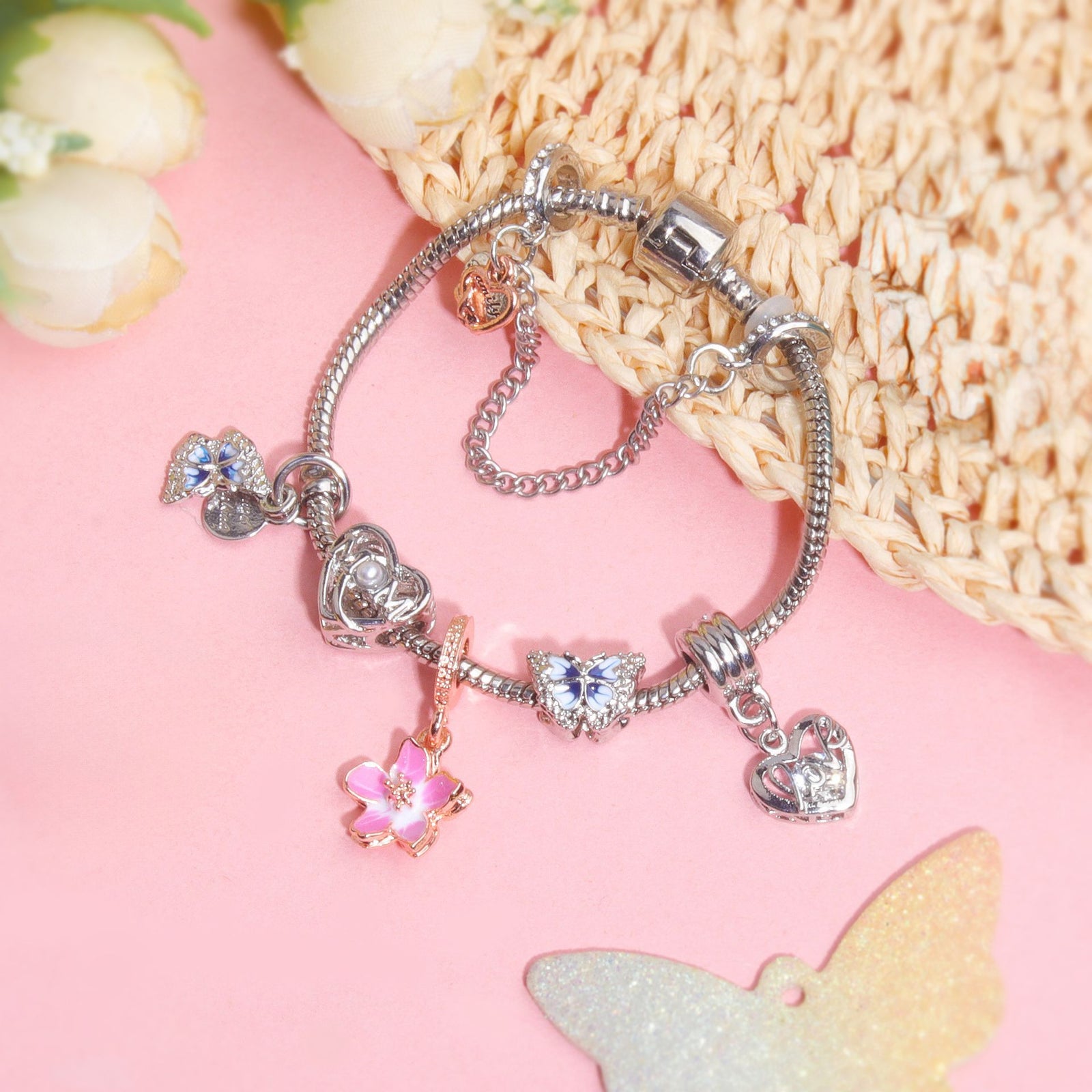 Blue Butterfly Glass Bead & Pink Flower Pendant Charm Bracelet(17cm)