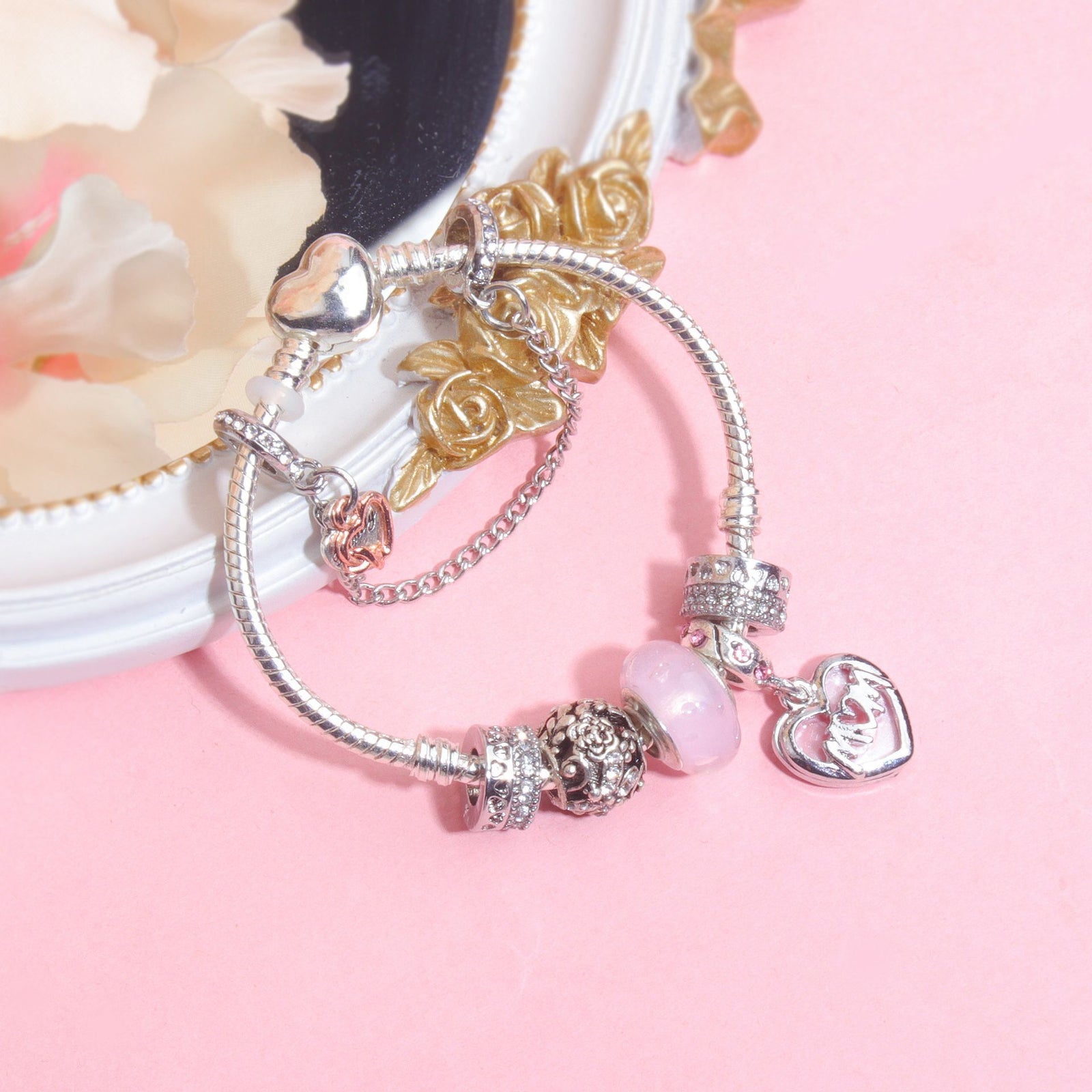 Heart Charm Beaded Bracelet with Crystals(17cm)