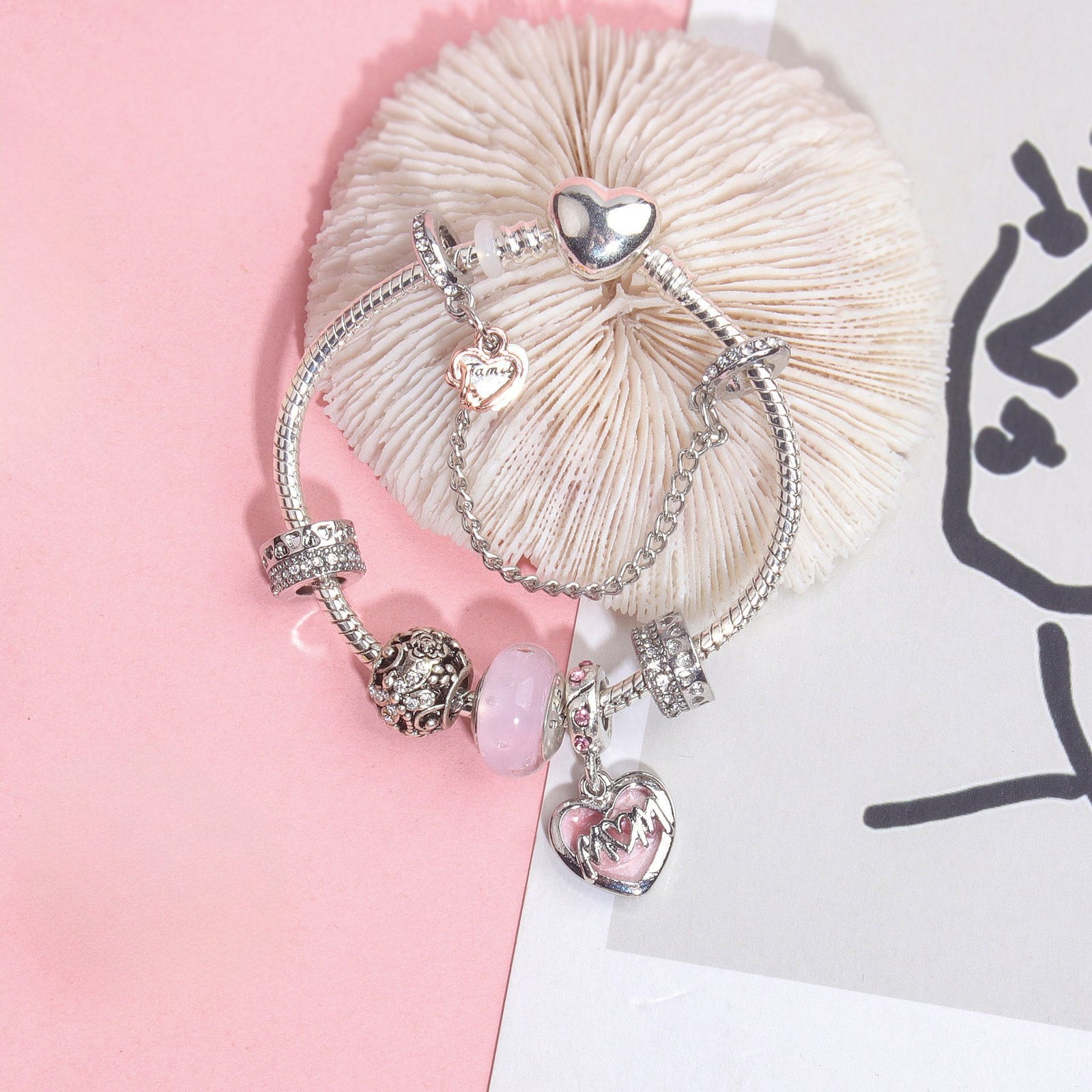 Heart Charm Beaded Bracelet with Crystals(18cm)