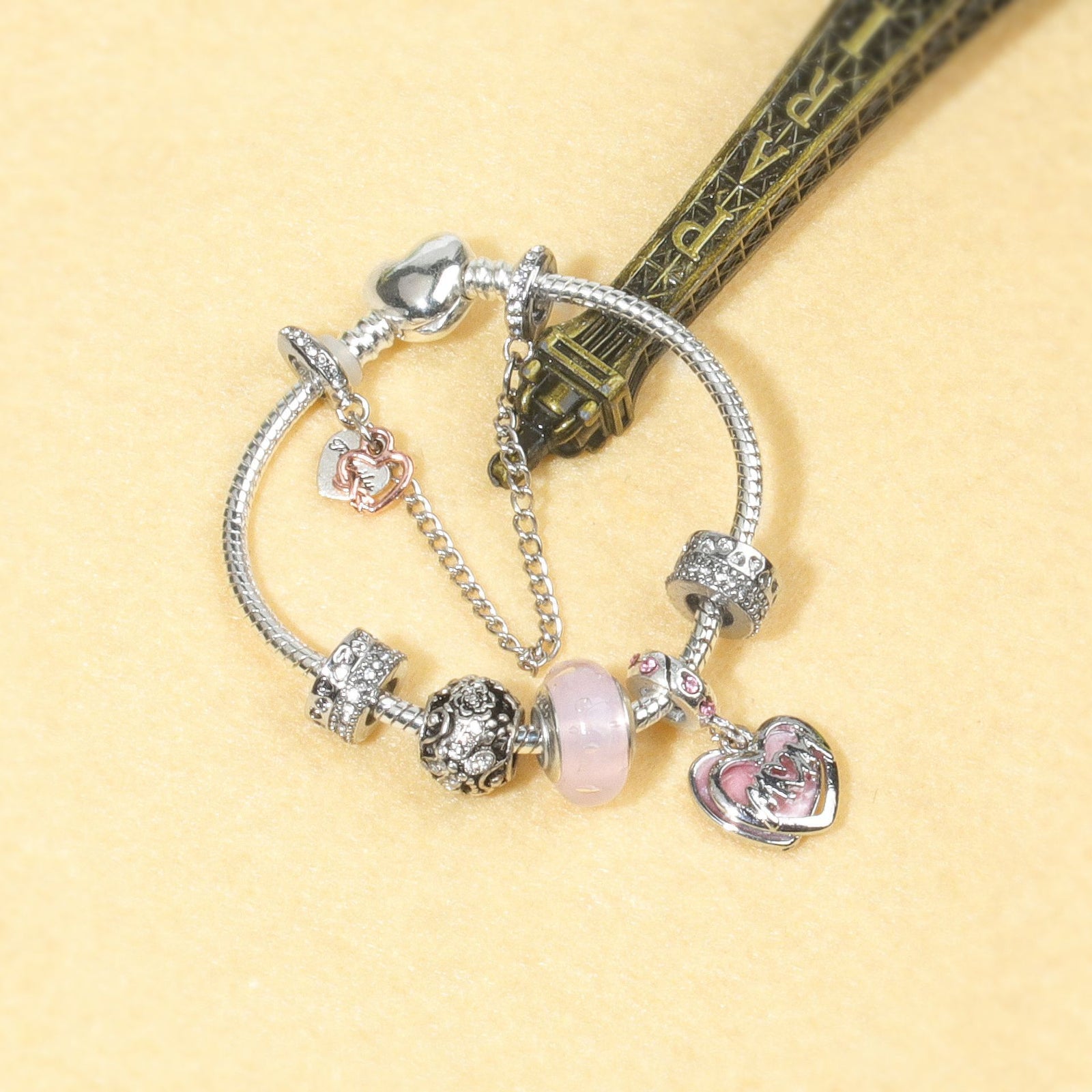 Heart Charm Beaded Bracelet with Crystals(19cm)