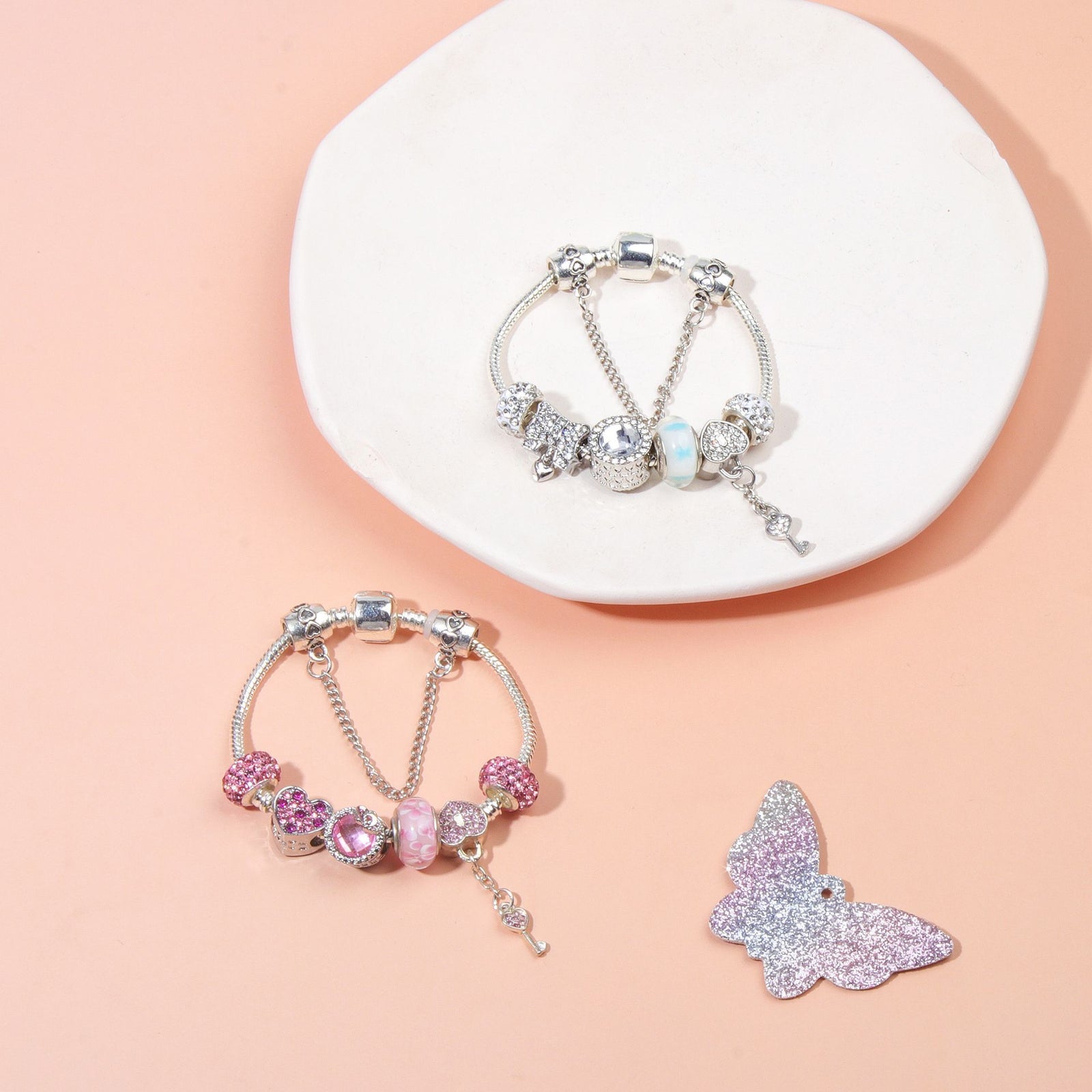 Classic Rhinestone-Inlaid Glass Bead Dreamcatcher Bracelet(pink-17cm)