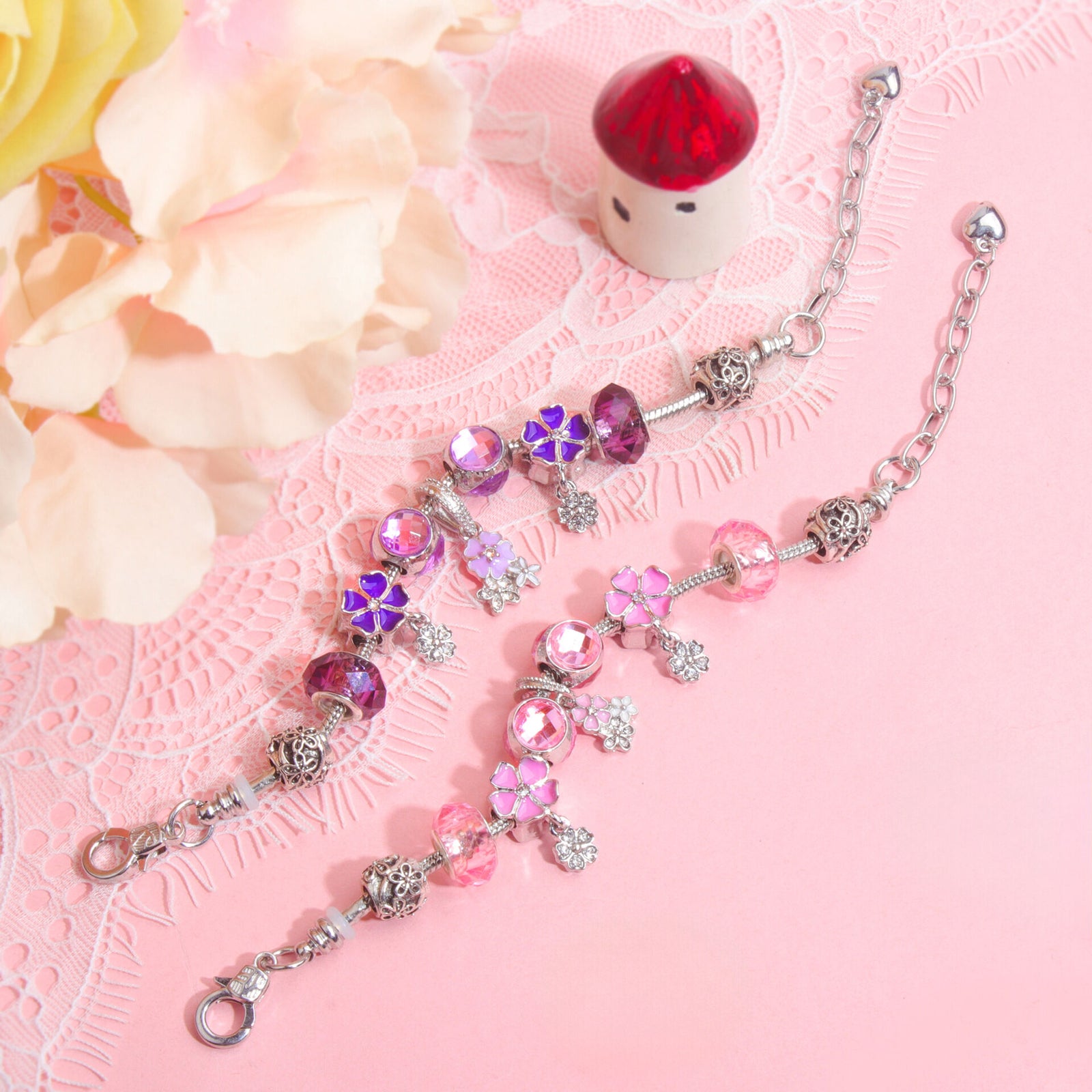 Romantic Floral Big Glass Bead Petal Pendant DIY Bracelet(pink-17cm)