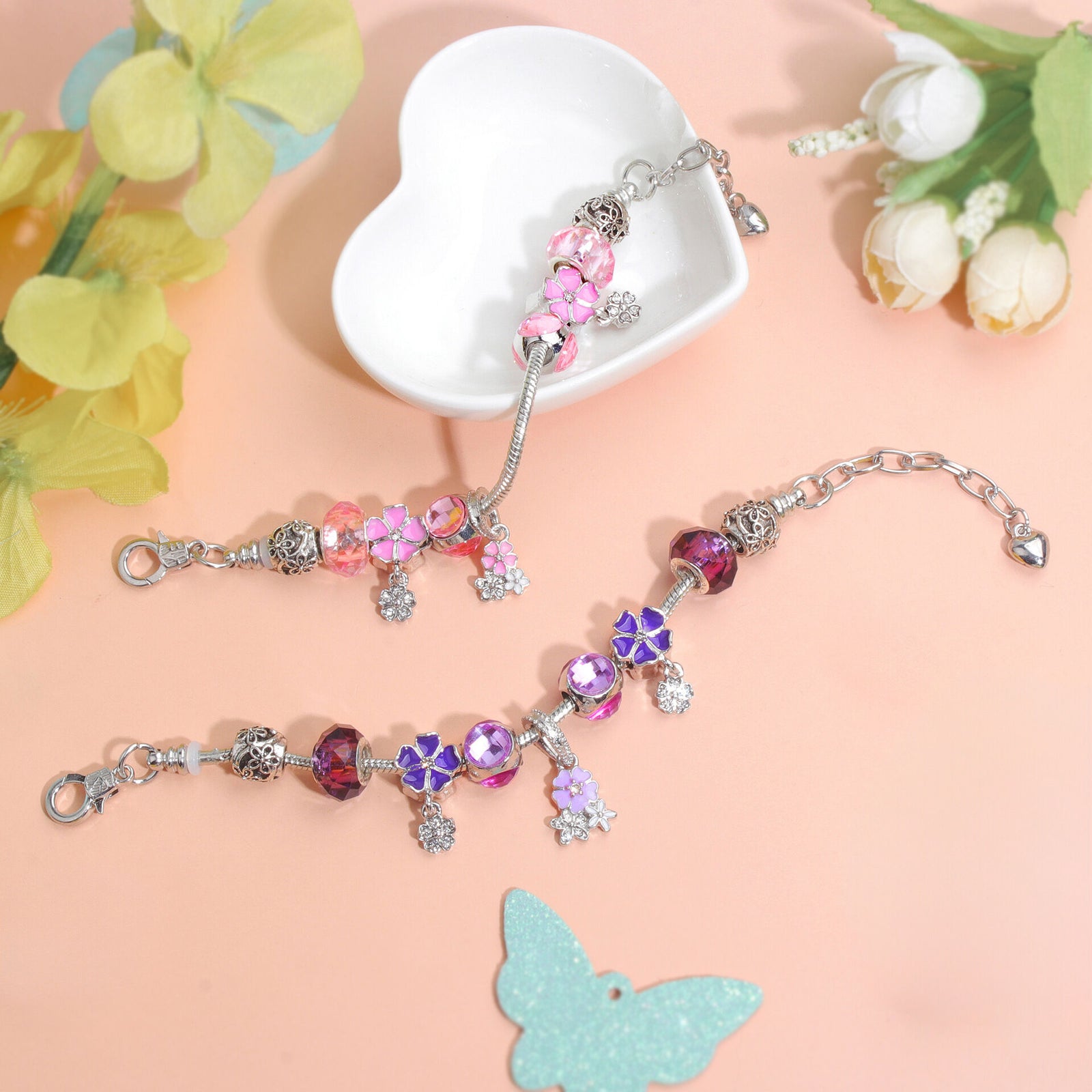 Romantic Floral Big Glass Bead Petal Pendant DIY Bracelet(pink-21cm)