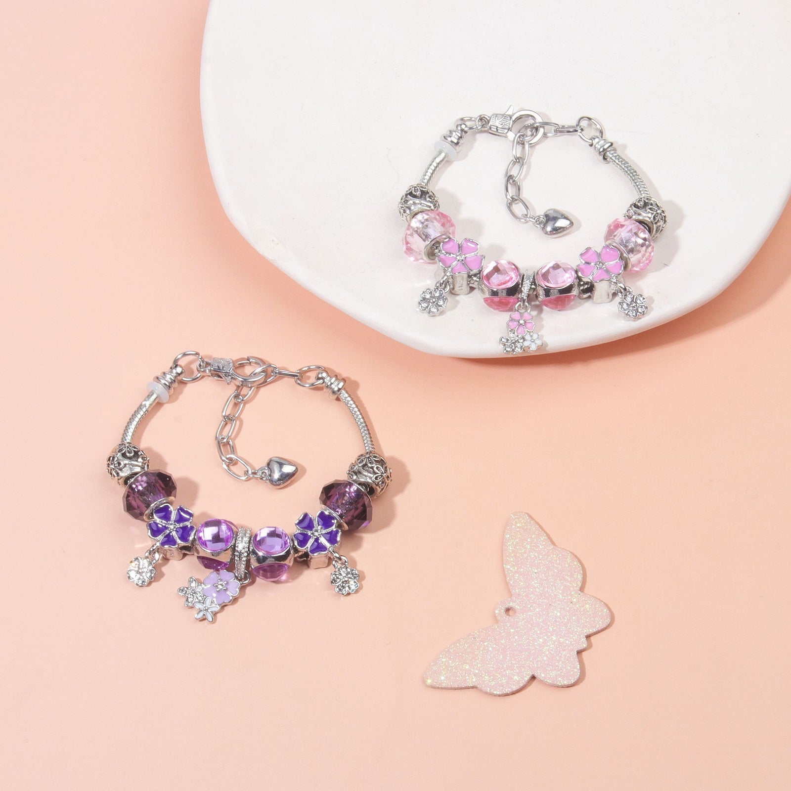 Romantic Floral Big Glass Bead Petal Pendant DIY Bracelet(purple-17cm)