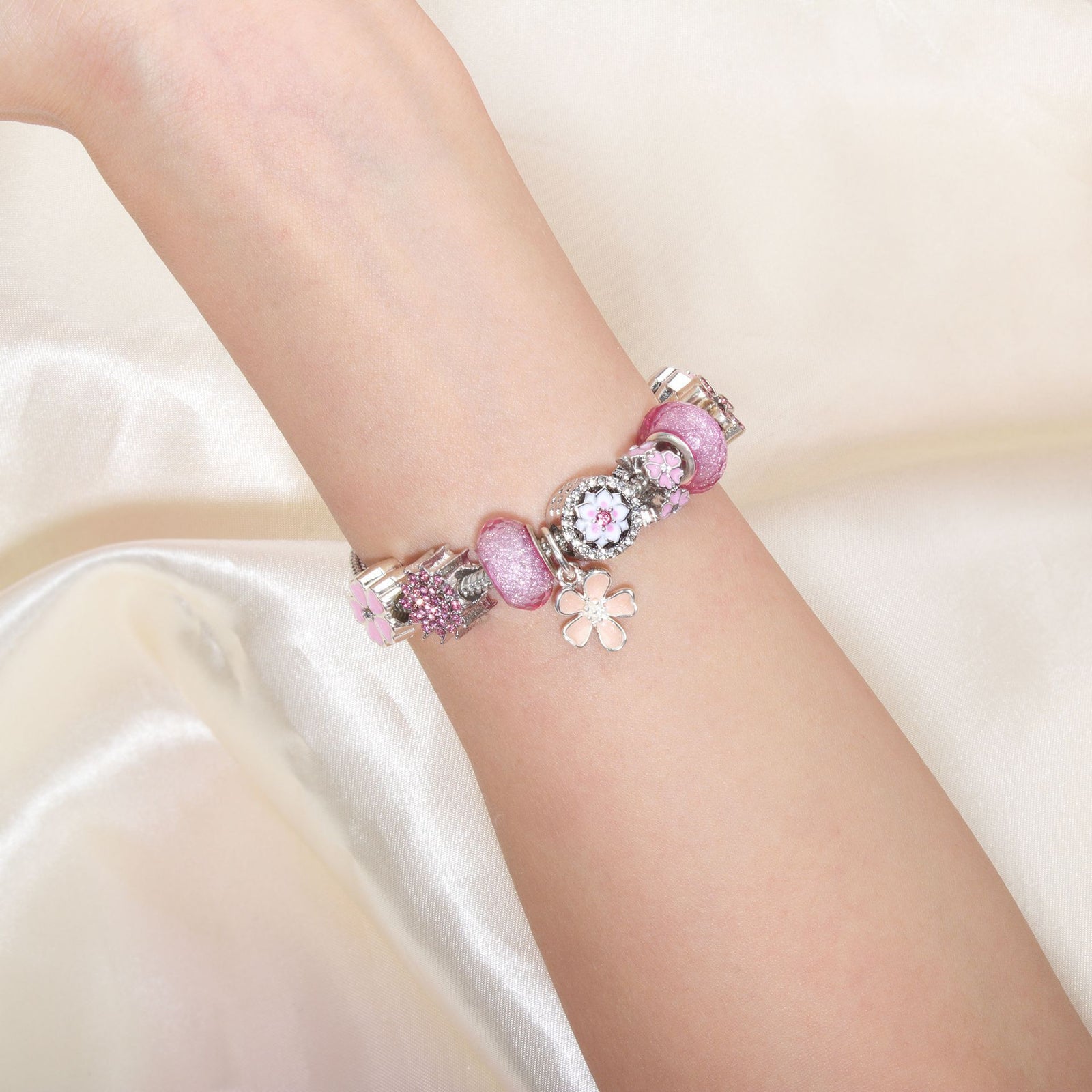 Chic Camellia Bead Charm DIY Bracelet with Crystal(pink flower-18cm)