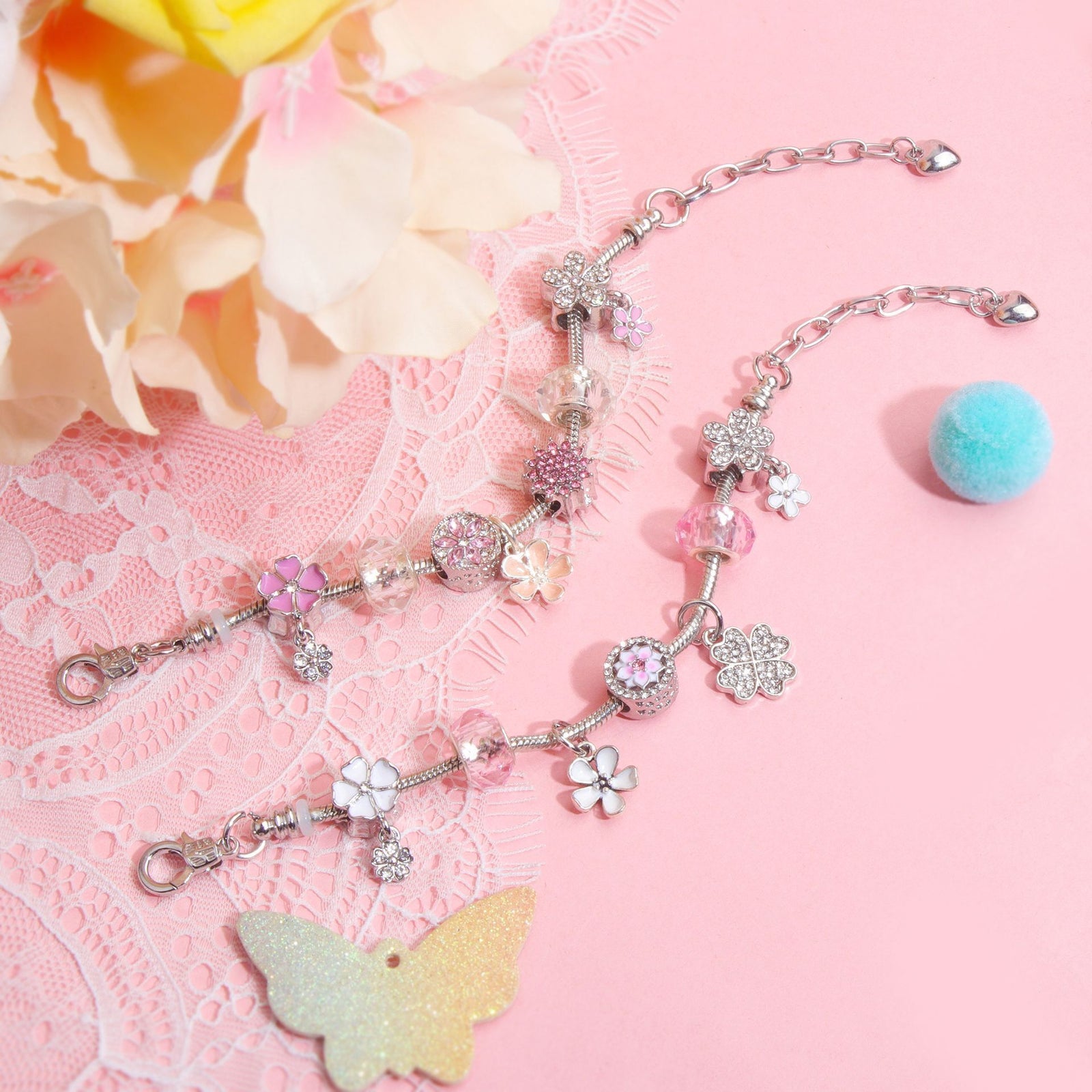 Chic Camellia Bead Charm DIY Bracelet with Crystal(pink flower-18cm)