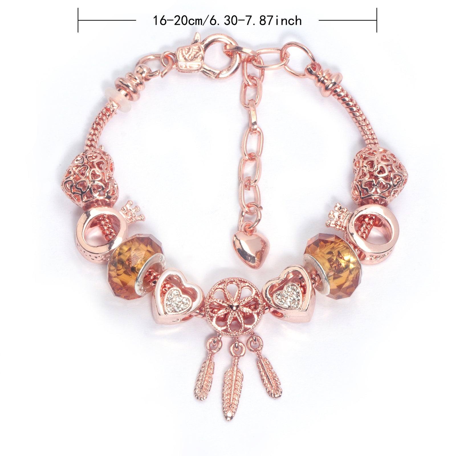 Rose Gold Plated Charm Bracelet with Zircon, Hollow Heart, Flower, Crown & Glass Beads(18cm)