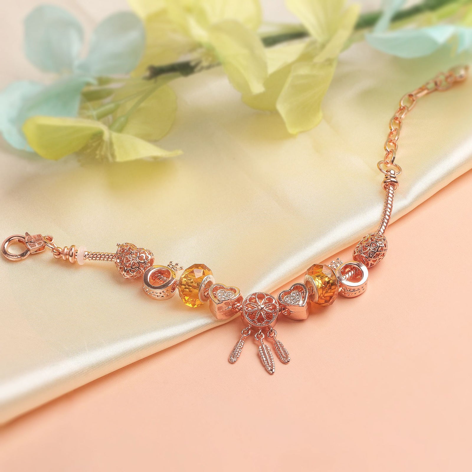 Rose Gold Plated Charm Bracelet with Zircon, Hollow Heart, Flower, Crown & Glass Beads(18cm)
