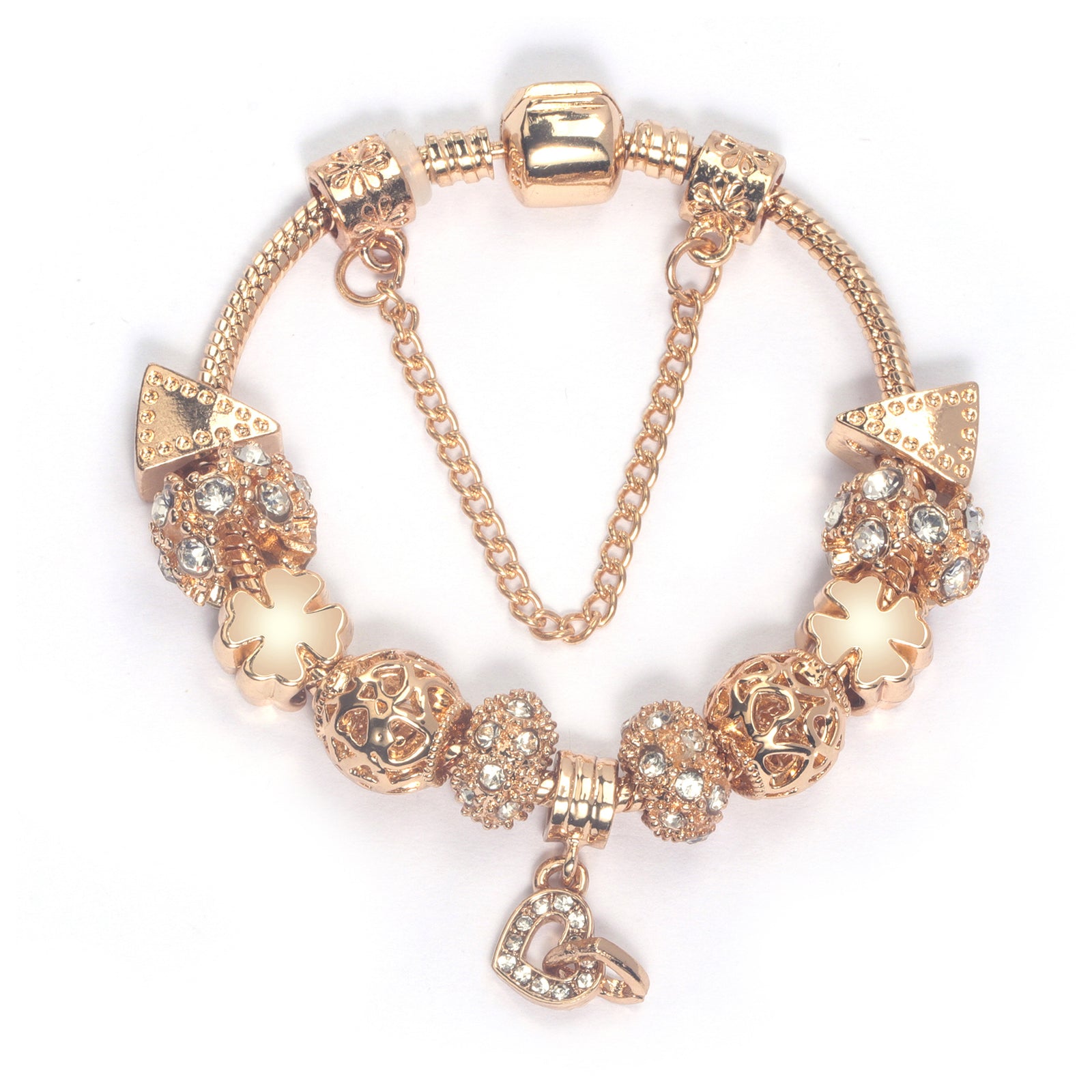 Rose Gold Crystal Charm Bracelet with Clover, Heart, Triangle Beads & Heart Pendant(17cm)