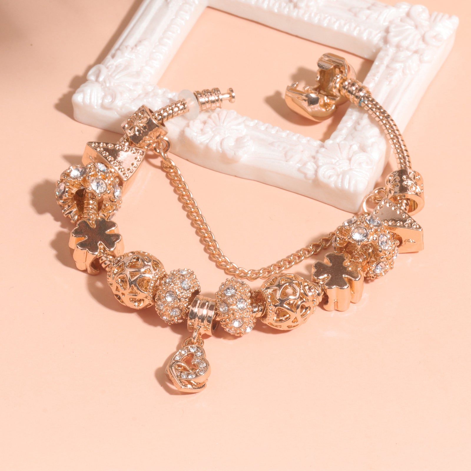 Rose Gold Crystal Charm Bracelet with Clover, Heart, Triangle Beads & Heart Pendant(17cm)