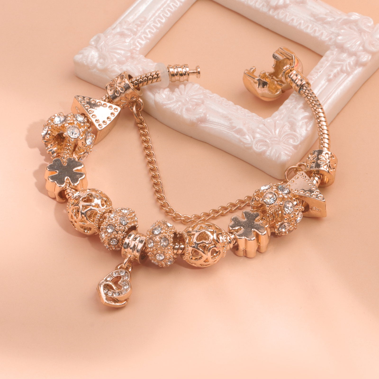Rose Gold Crystal Charm Bracelet with Clover, Heart, Triangle Beads & Heart Pendant(19cm)