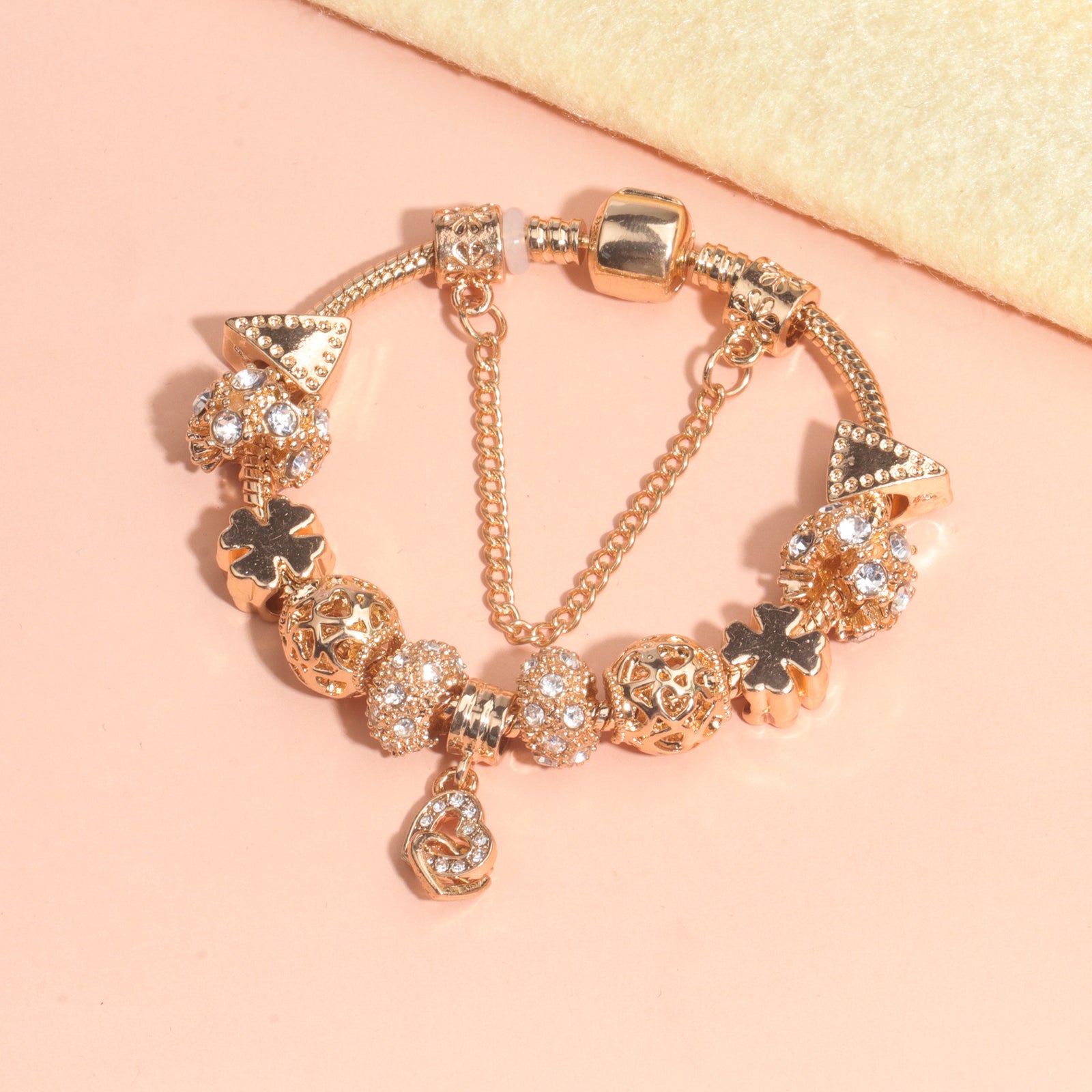 Rose Gold Crystal Charm Bracelet with Clover, Heart, Triangle Beads & Heart Pendant(20cm)