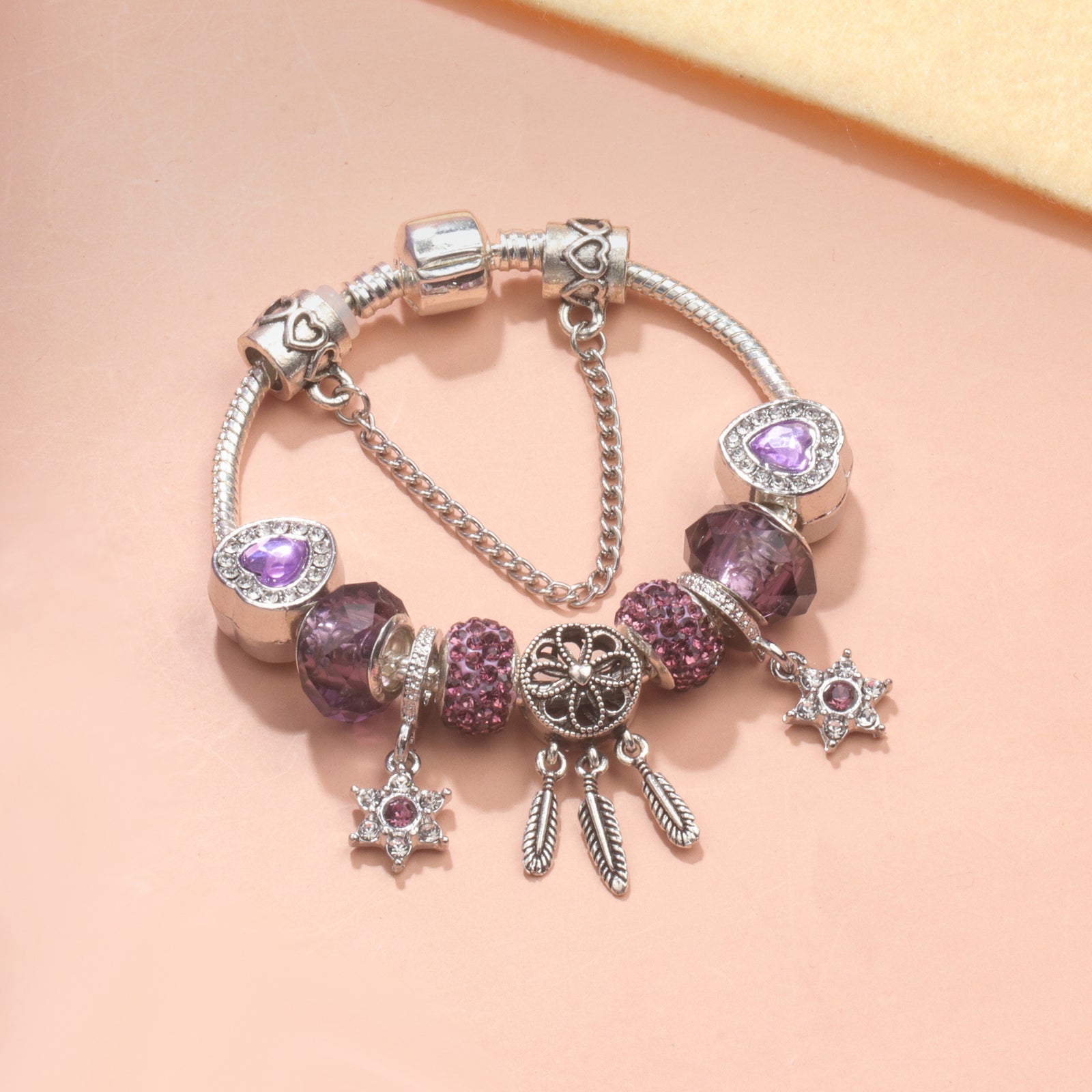 Purple Crystal Beaded Charm Bracelet with Star & Dreamcatcher Pendant, Rhinestone-Embedded DIY Alloy Bracelet(17cm)