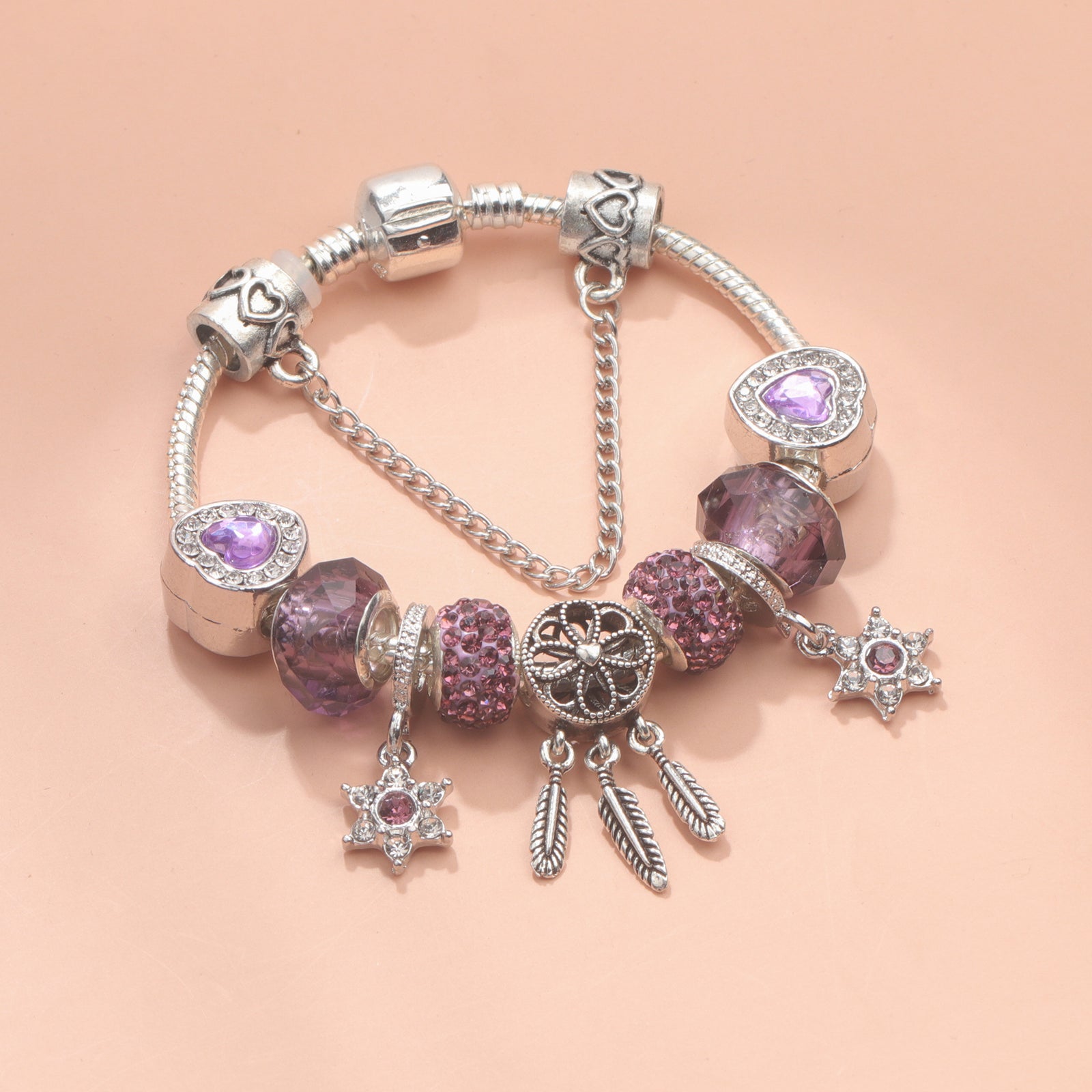 Purple Crystal Beaded Charm Bracelet with Star & Dreamcatcher Pendant, Rhinestone-Embedded DIY Alloy Bracelet(18cm)