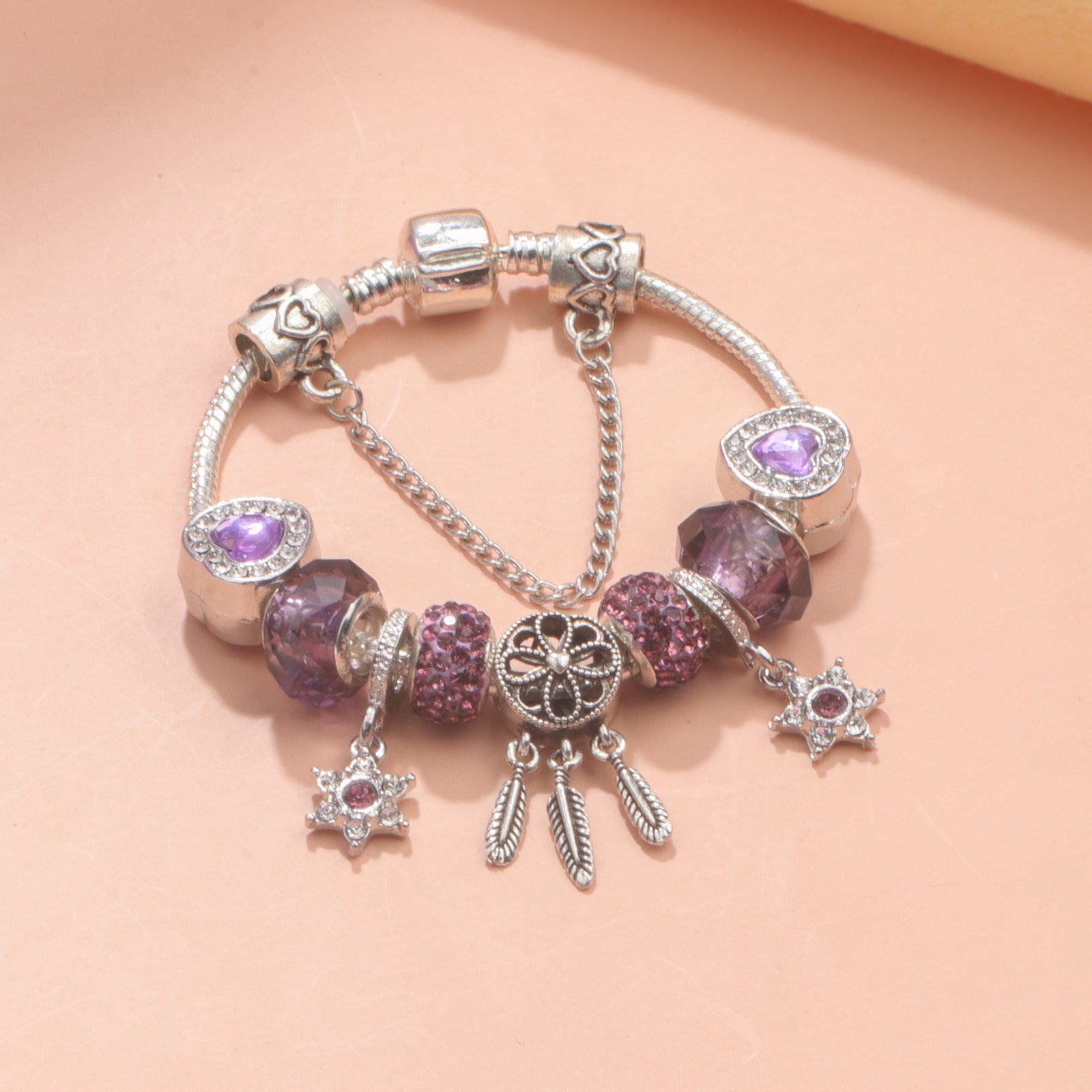 Purple Crystal Beaded Charm Bracelet with Star & Dreamcatcher Pendant, Rhinestone-Embedded DIY Alloy Bracelet(19cm)