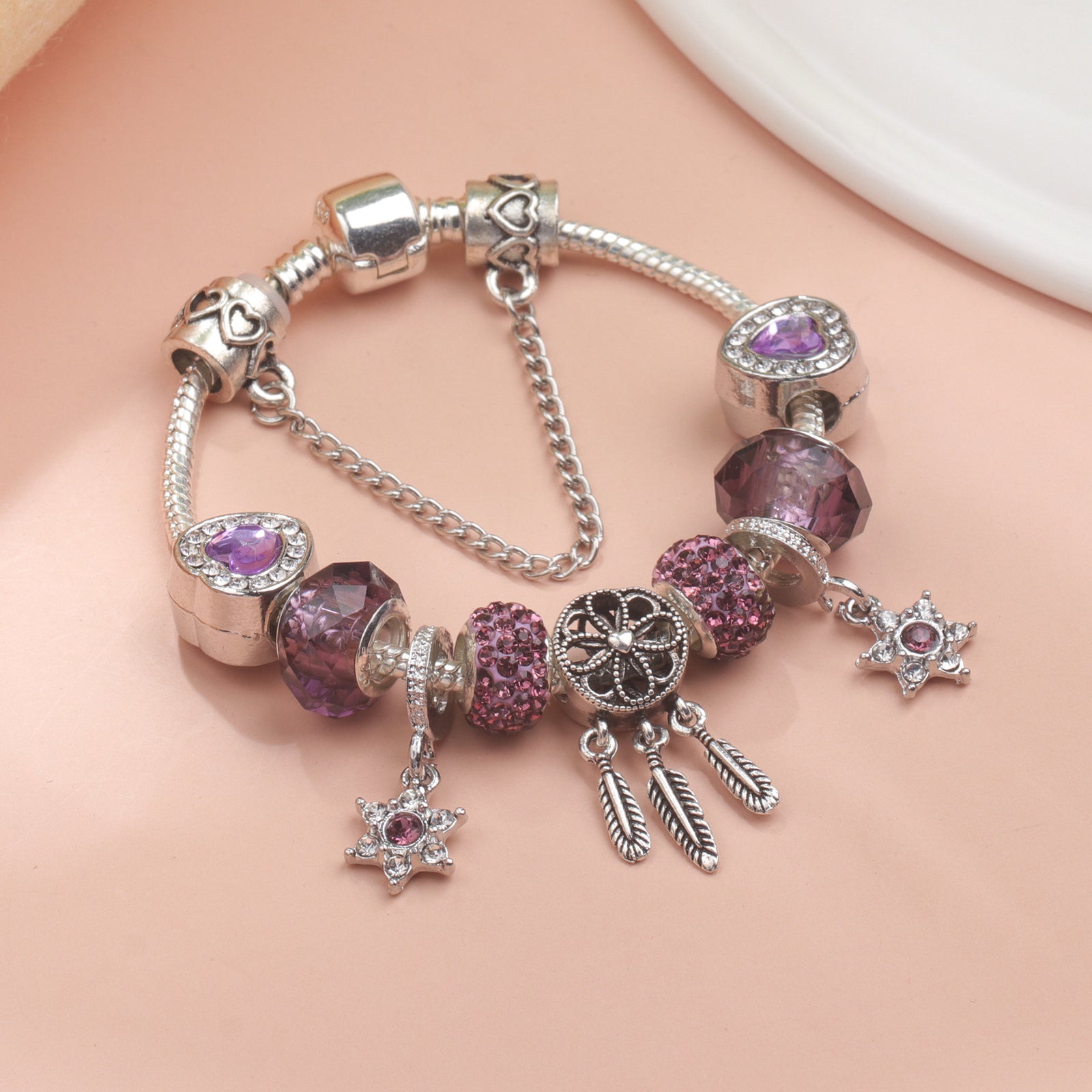 Purple Crystal Beaded Charm Bracelet with Star & Dreamcatcher Pendant, Rhinestone-Embedded DIY Alloy Bracelet(20cm)