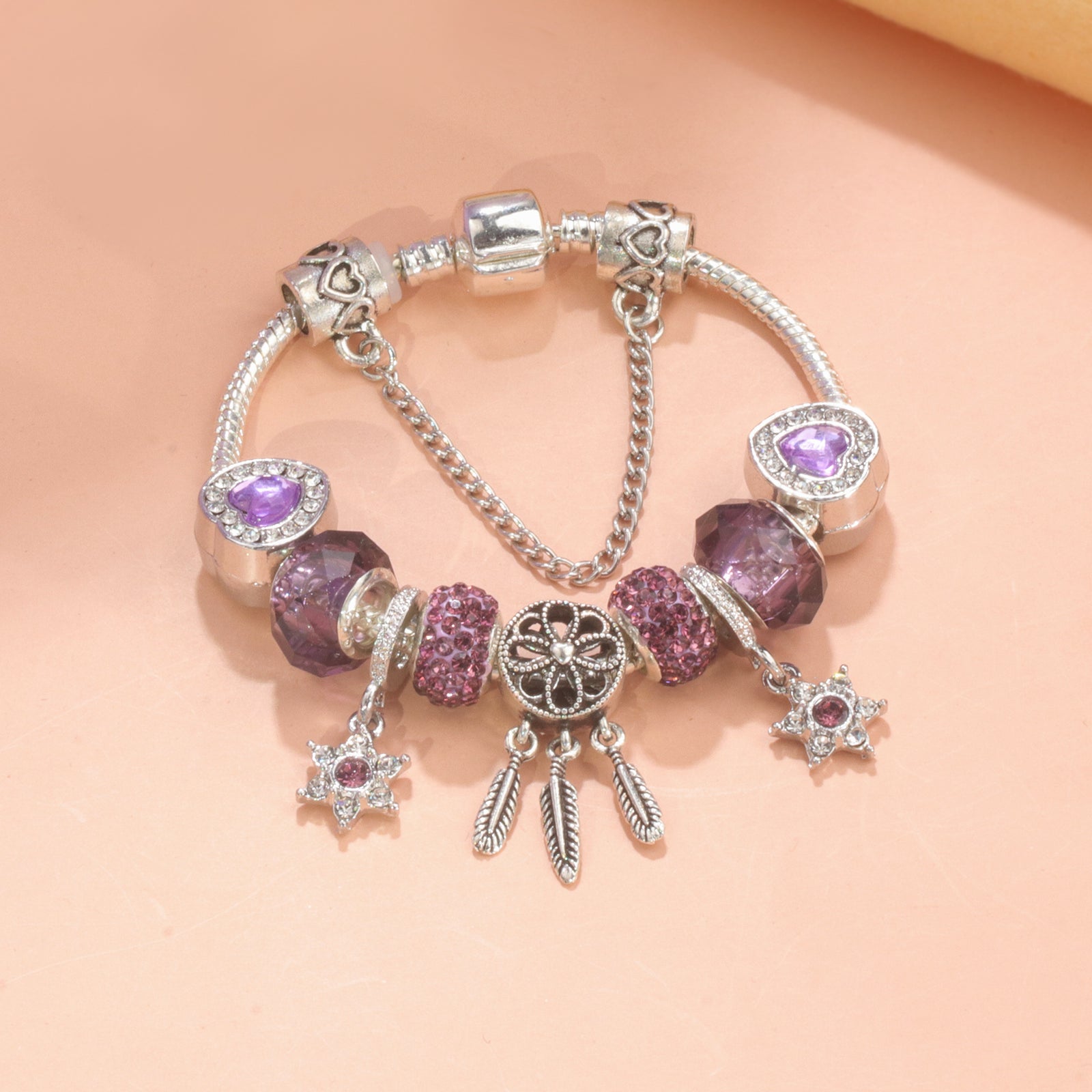 Purple Crystal Beaded Charm Bracelet with Star & Dreamcatcher Pendant, Rhinestone-Embedded DIY Alloy Bracelet(20cm)