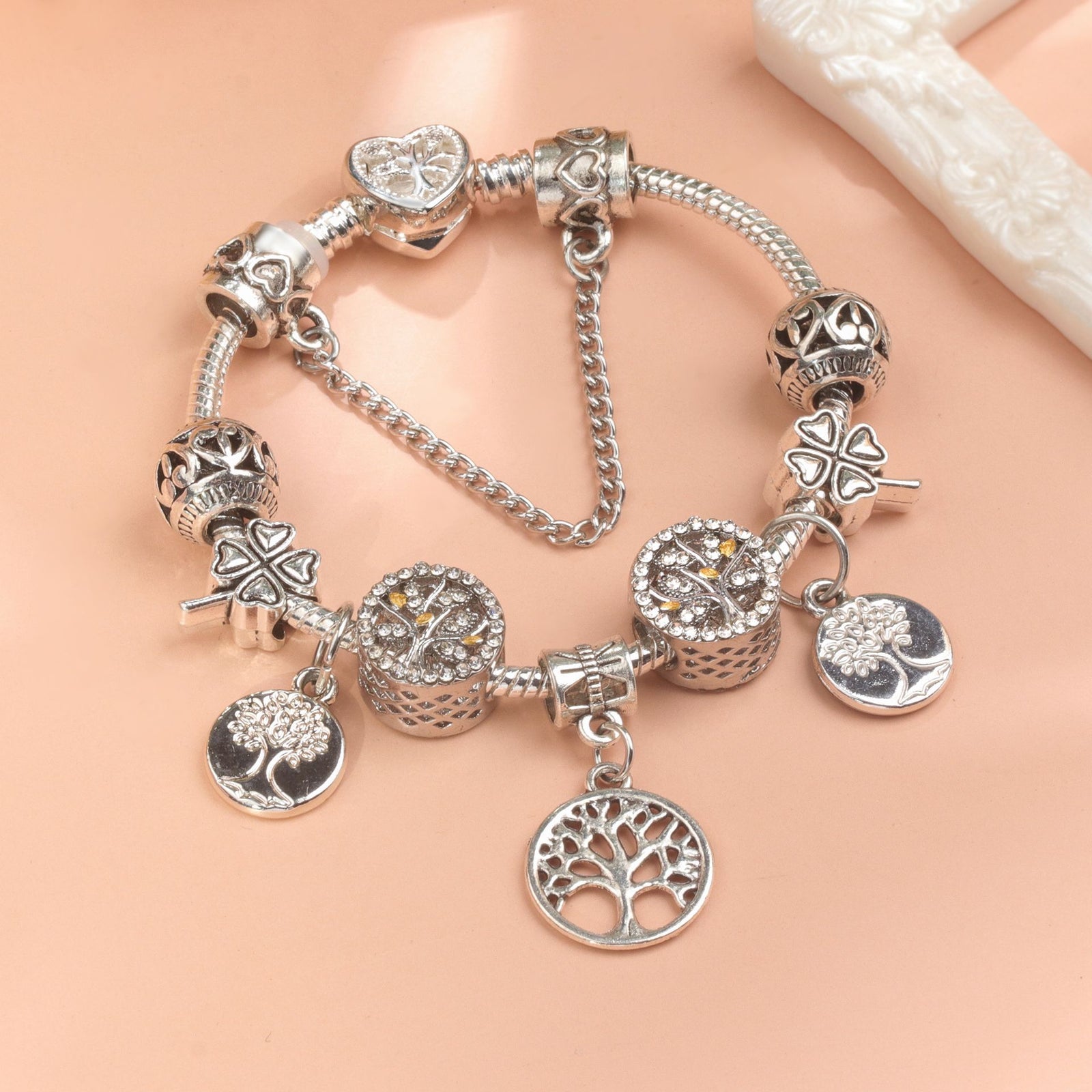 Vintage Silver Tree of Life CZ Four - Leaf Clover Charm Bead DIY Bracelet, Retro Style(18cm)