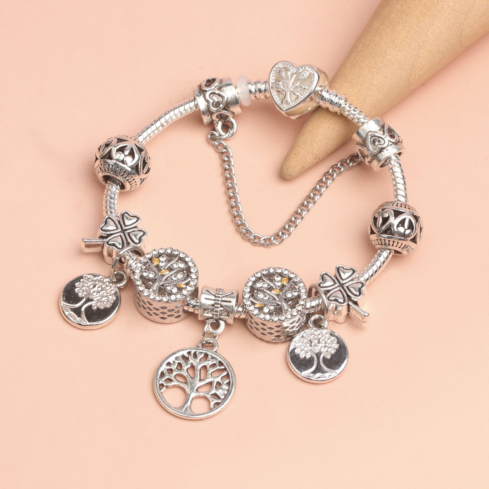 Vintage Silver Tree of Life CZ Four - Leaf Clover Charm Bead DIY Bracelet, Retro Style(19cm)