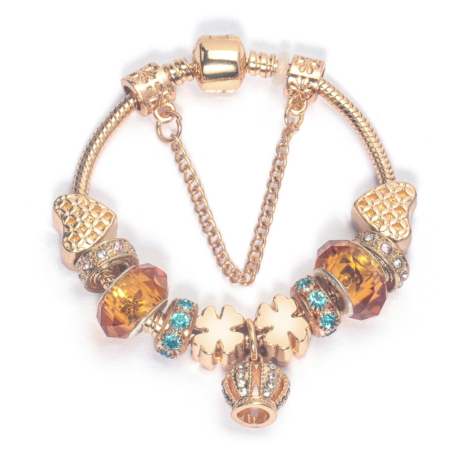 Rhinestone Gold Heart Glass Beaded Bracelet with Crown Pendant(20cm)