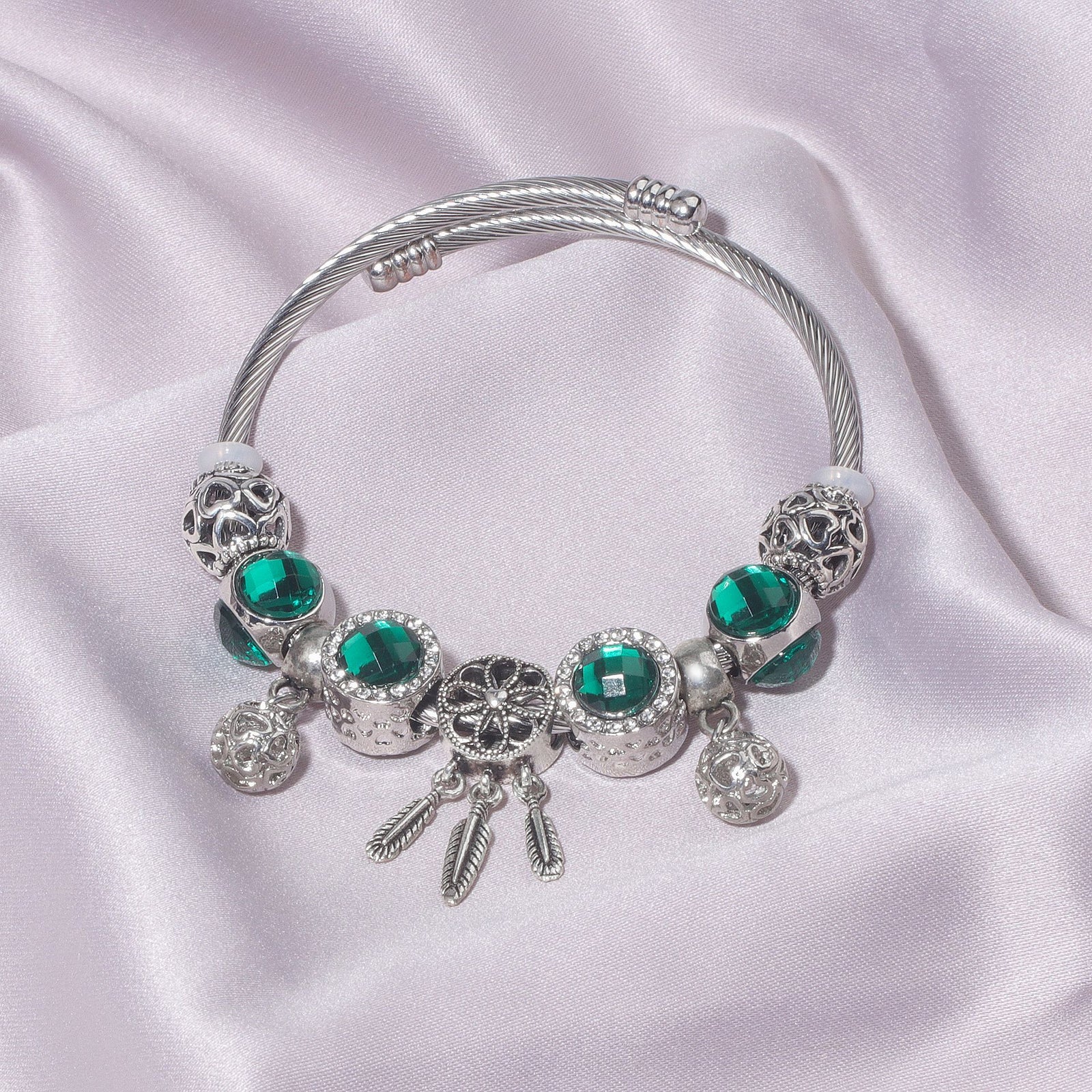 Luxury Light Green Emerald Crystal Hollow Heart Beaded DIY Bracelet(18cm)