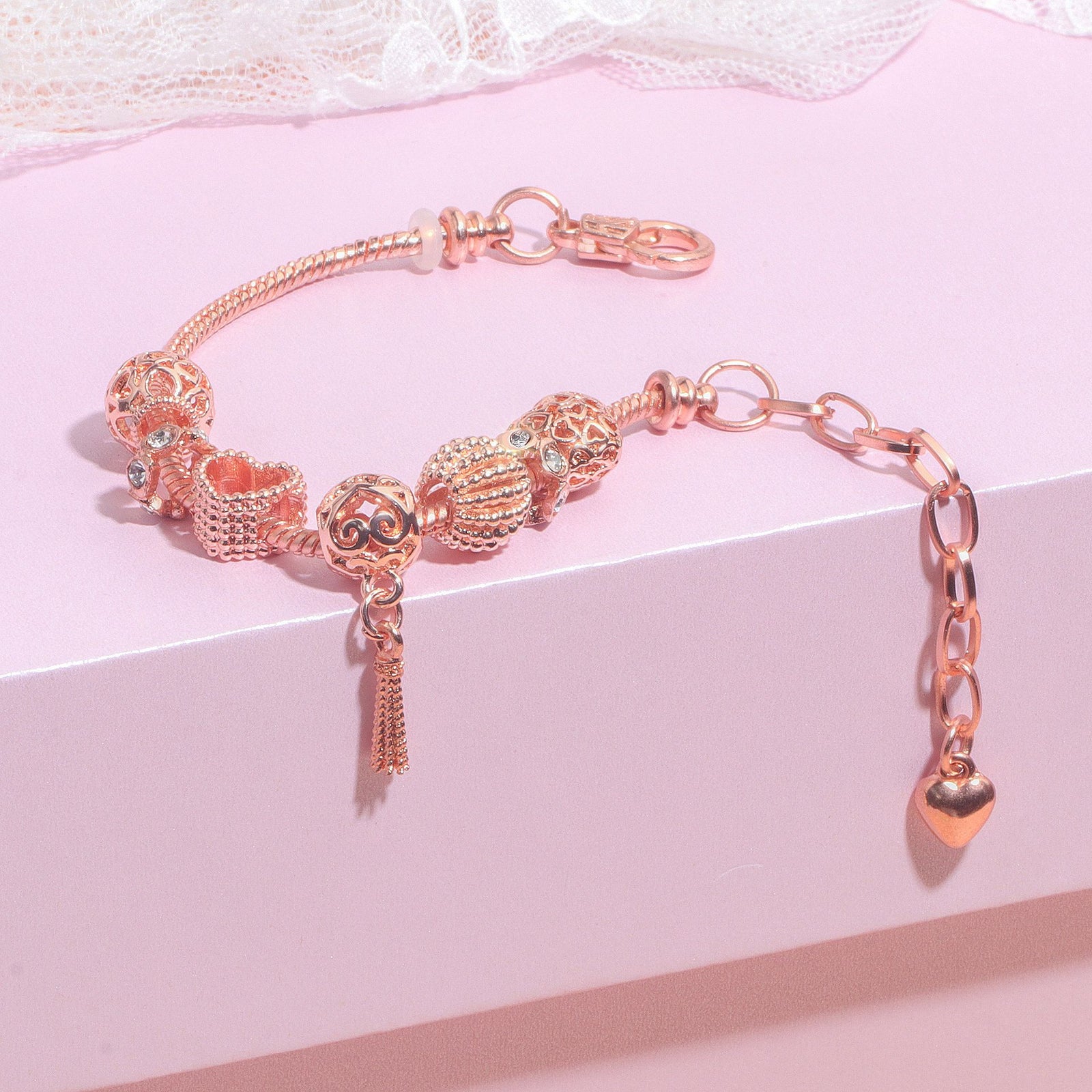 Rose Gold Hollow Carved Heart Bead Tassel Bracelet(17cm)