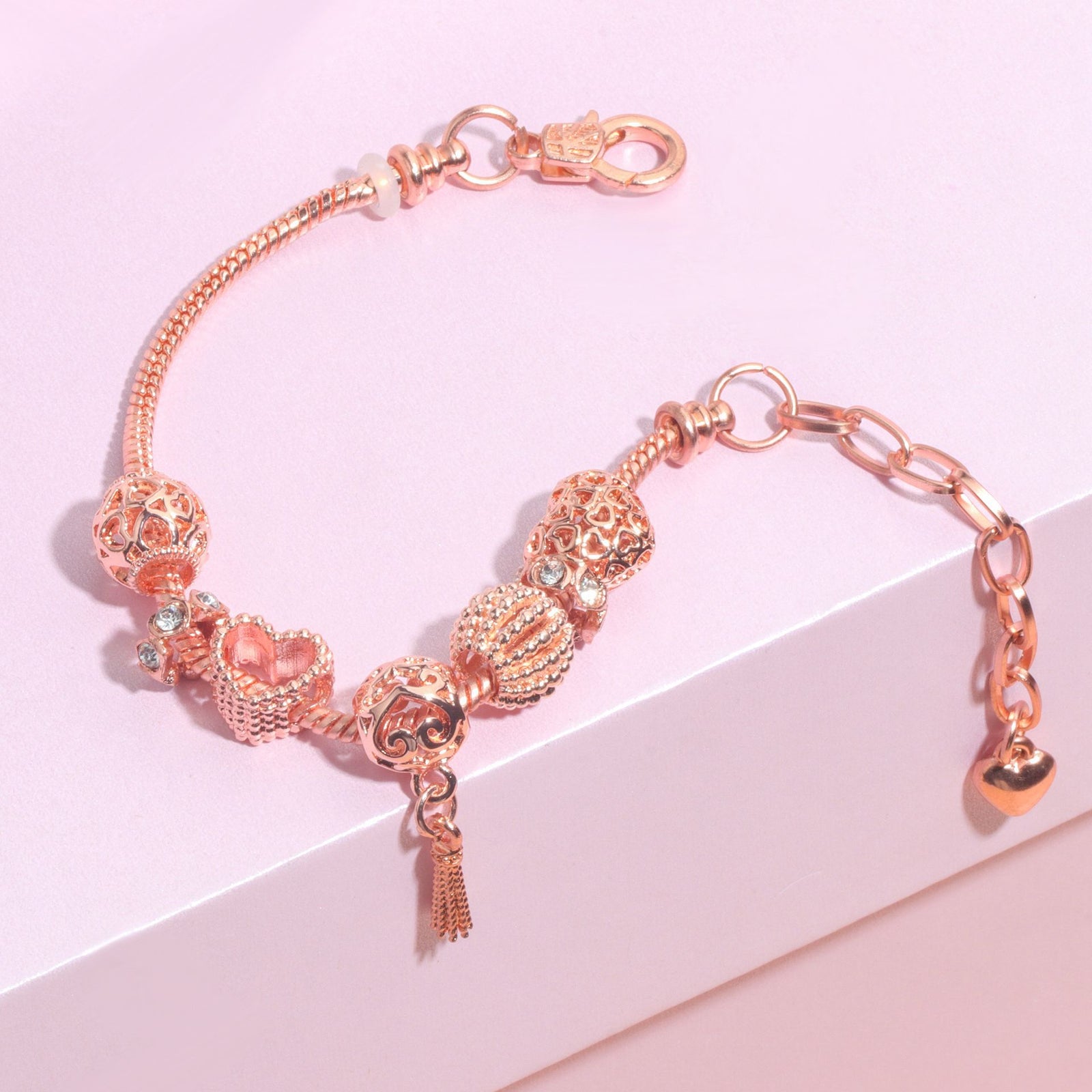 Rose Gold Hollow Carved Heart Bead Tassel Bracelet(19cm)