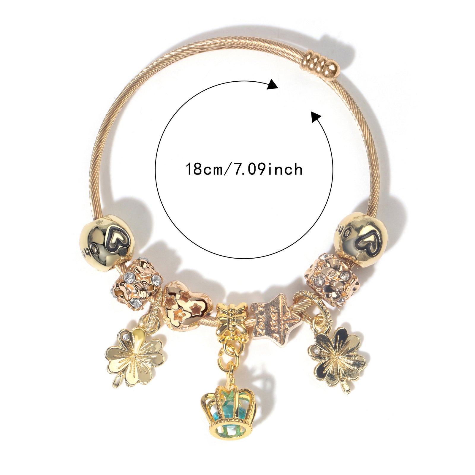 Vintage Love Flower Star Charm Beaded Crown Pendant DIY Open Bangle(18cm)