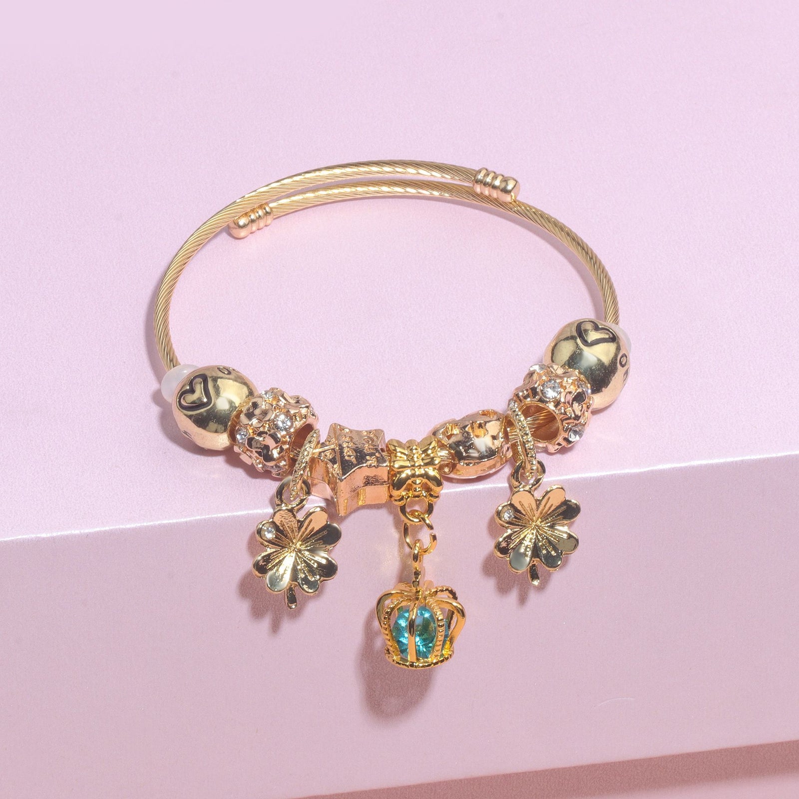 Vintage Love Flower Star Charm Beaded Crown Pendant DIY Open Bangle(18cm)