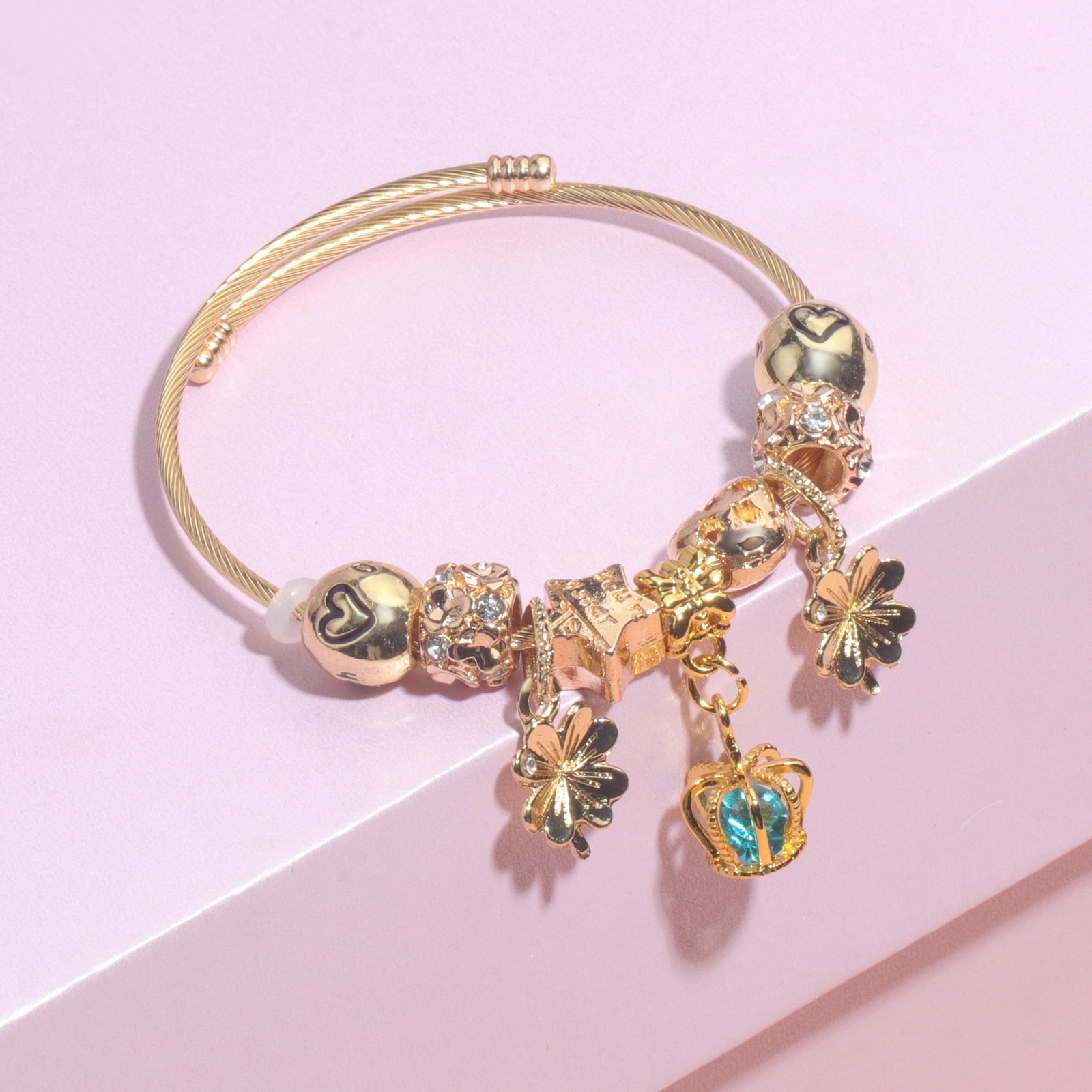 Vintage Love Flower Star Charm Beaded Crown Pendant DIY Open Bangle(18cm)