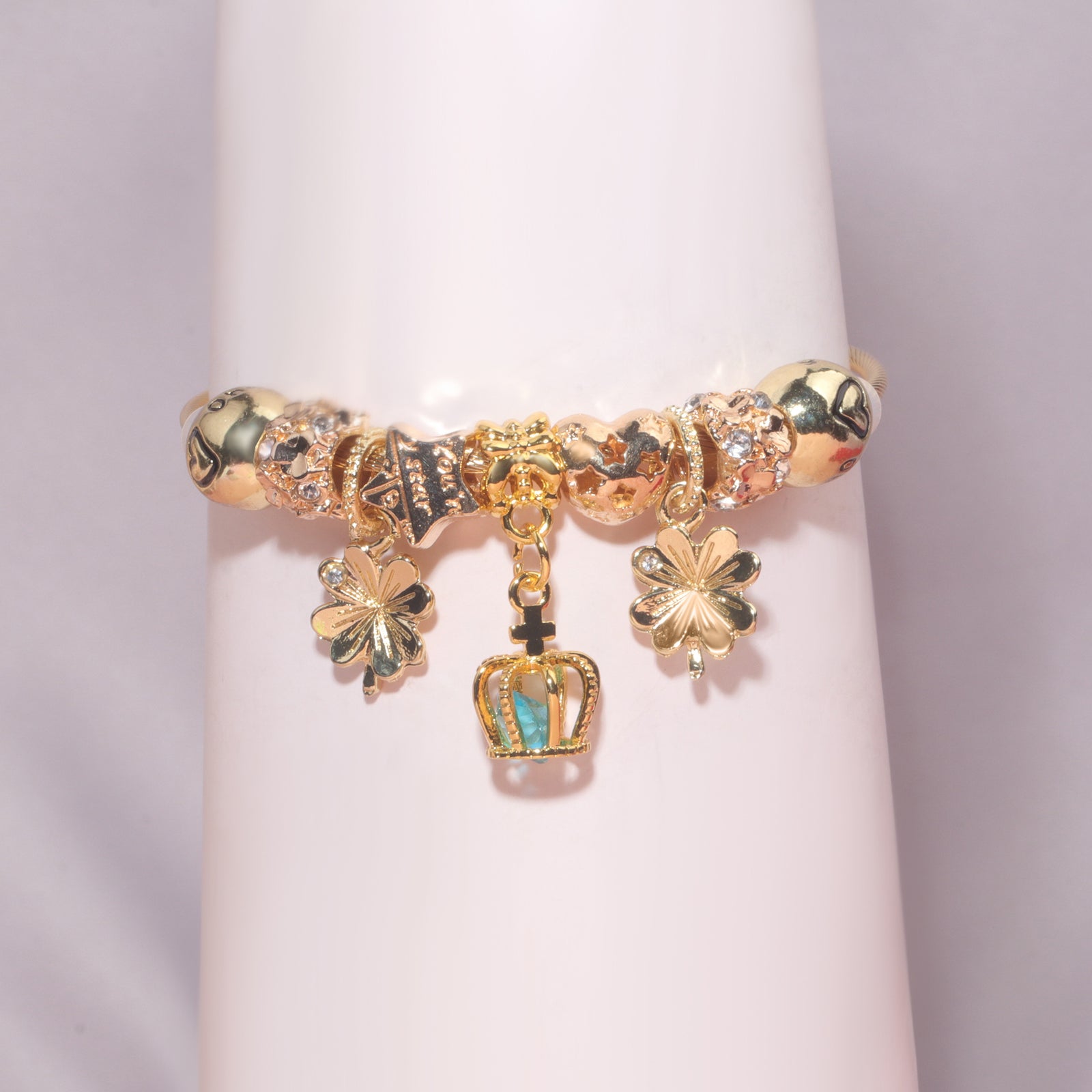 Vintage Love Flower Star Charm Beaded Crown Pendant DIY Open Bangle(18cm)