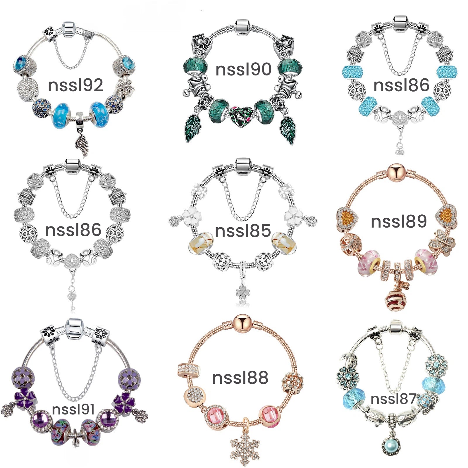 Stunning Rhinestone Charm Bracelet: Hollow Heart Beads + Crown Charms + Happy Key-Lock Pendant | Blue(19cm)