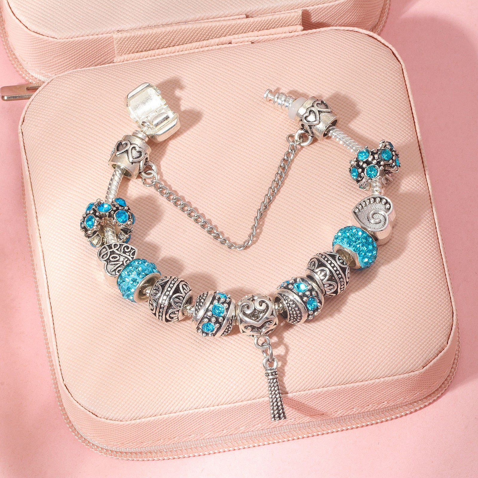 Women’s Vintage Silver-Plated Charm Bracelet - Crystal-Embedded Hollow Carved Multi-Bead Fashion Jewelry(blue-17cm)