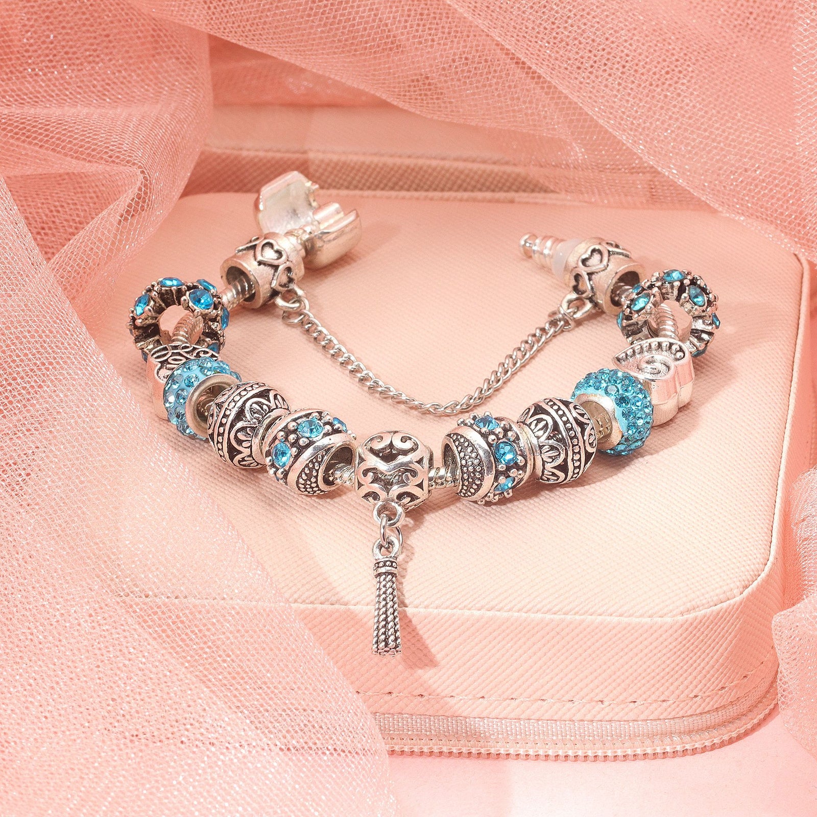 Women’s Vintage Silver-Plated Charm Bracelet - Crystal-Embedded Hollow Carved Multi-Bead Fashion Jewelry(blue-17cm)