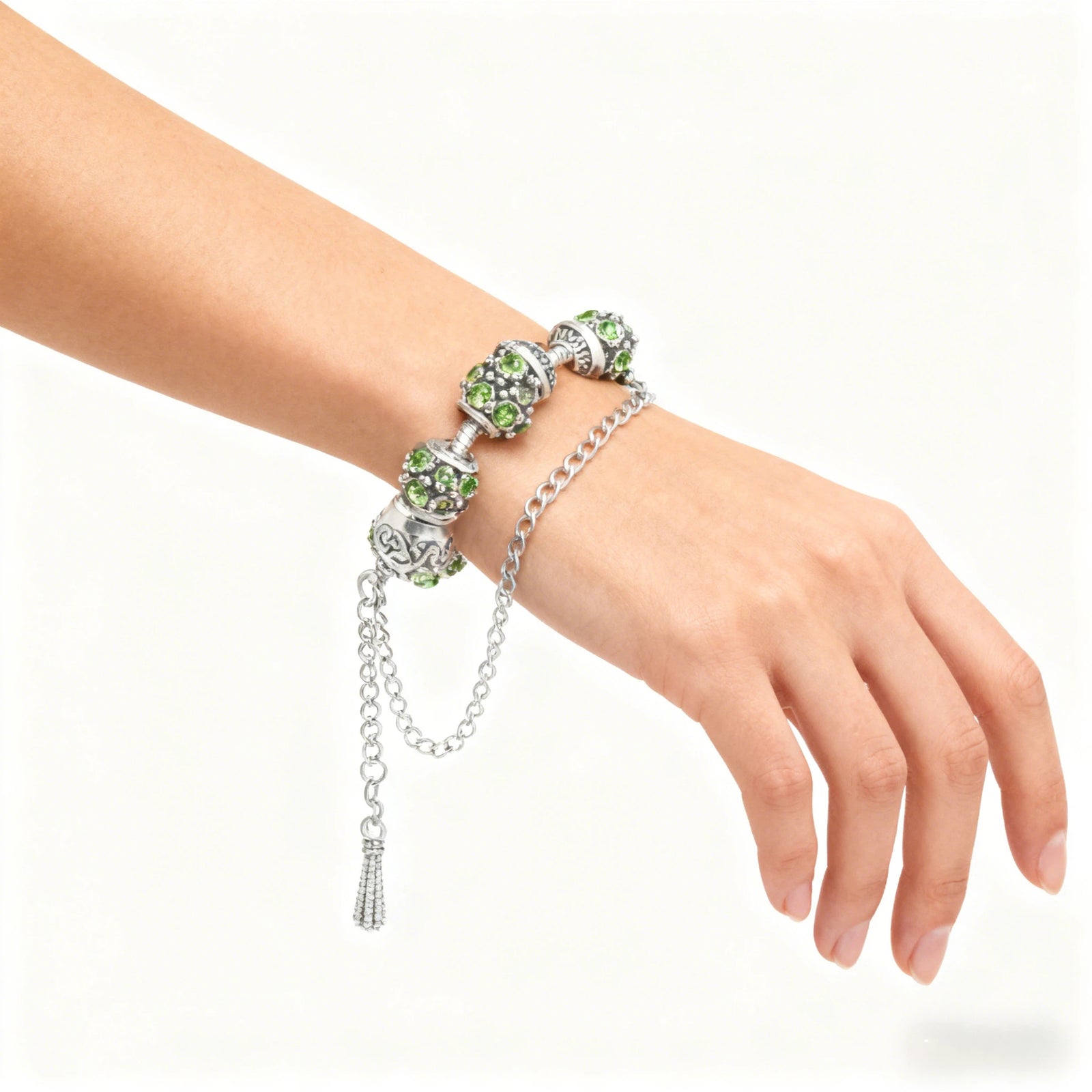 Women’s Vintage Silver-Plated Charm Bracelet - Crystal-Embedded Hollow Carved Multi-Bead Fashion Jewelry(green-18cm)
