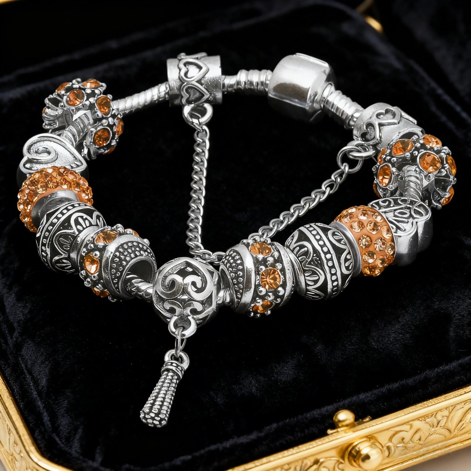 Women’s Vintage Silver-Plated Charm Bracelet - Crystal-Embedded Hollow Carved Multi-Bead Fashion Jewelry(orange-20cm)