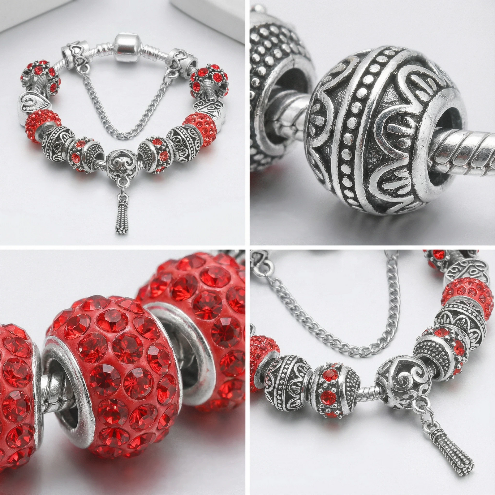 Women’s Vintage Silver-Plated Charm Bracelet - Crystal-Embedded Hollow Carved Multi-Bead Fashion Jewelry(red-17cm)