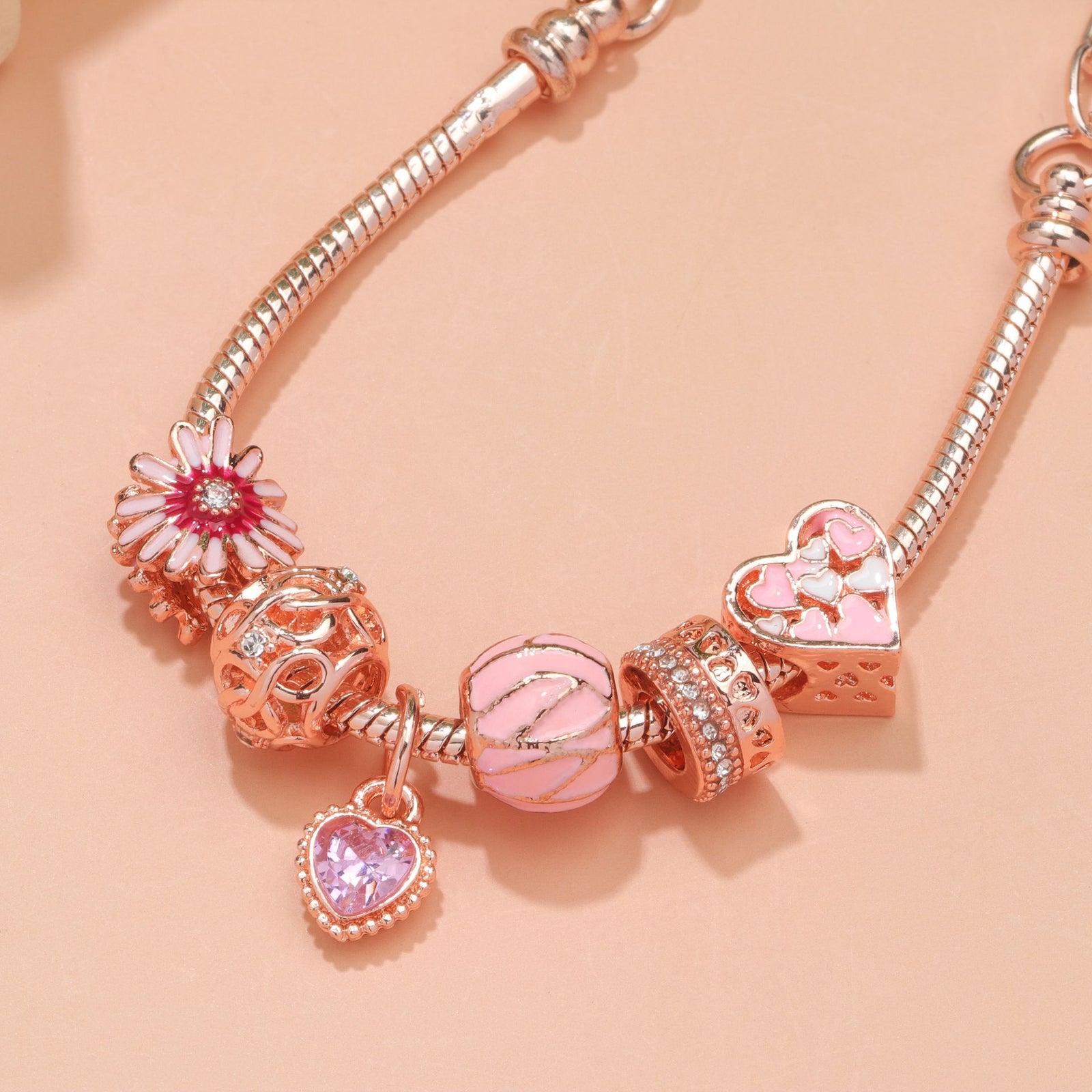 Rhinestone Daisy & Hollow Heart Charm Bracelet - Minimalist Fashion Zinc Alloy Electroplated Jewelry(20cm)