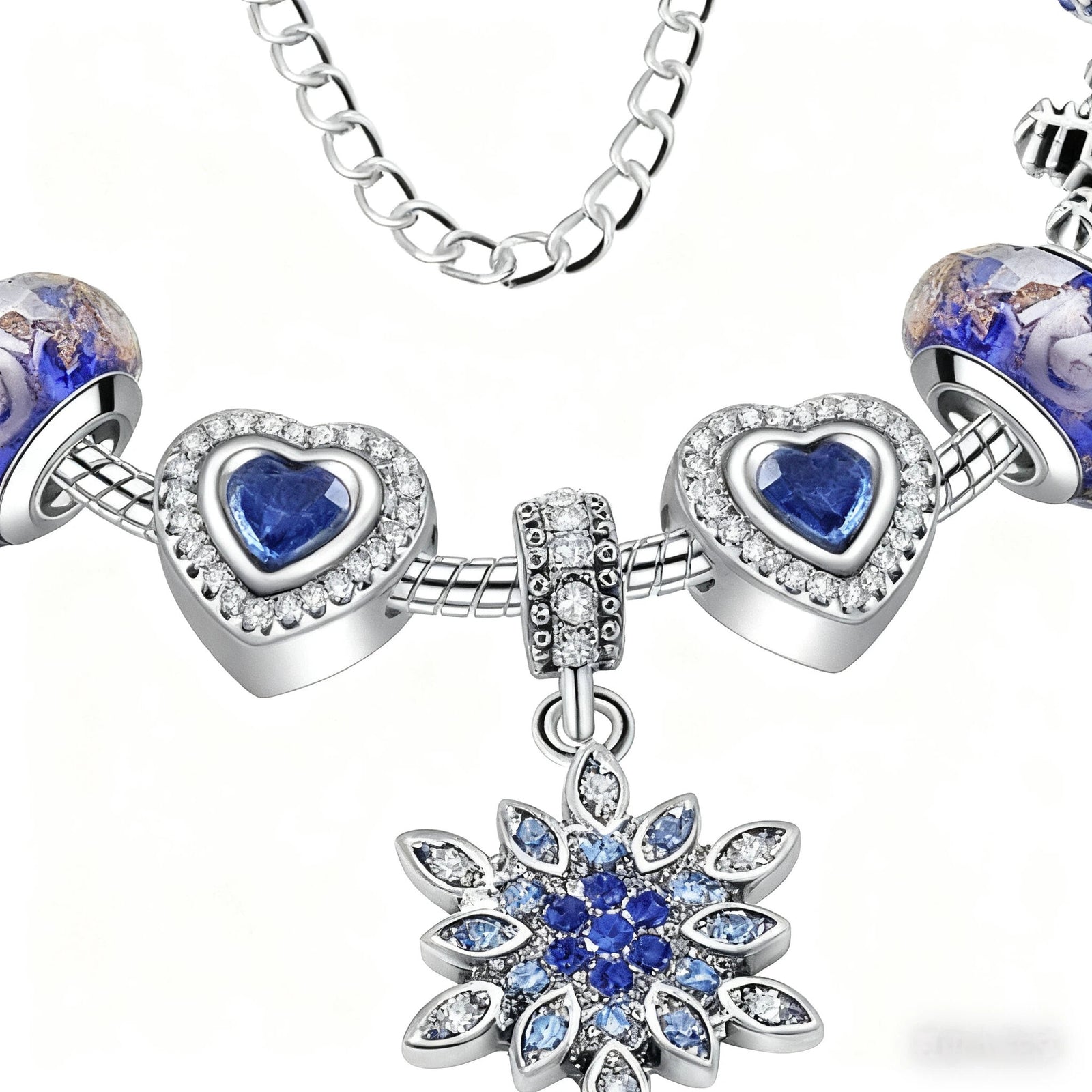 Blue Cat’s Eye & Glass Bead Bracelet – Rhinestone Snowflake Pendant(19cm)