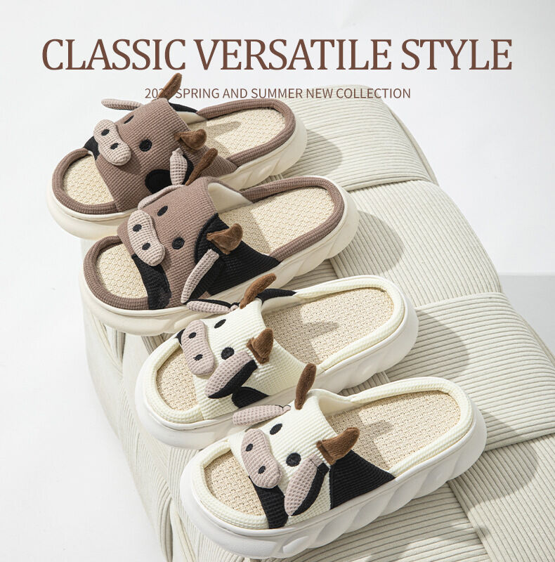 Unisex Cow Cartoon Linen Slippers: EVA Thick Sole Non-Slip Beach Sandals for Couples & Parent-Child, 7 Styles(black)
