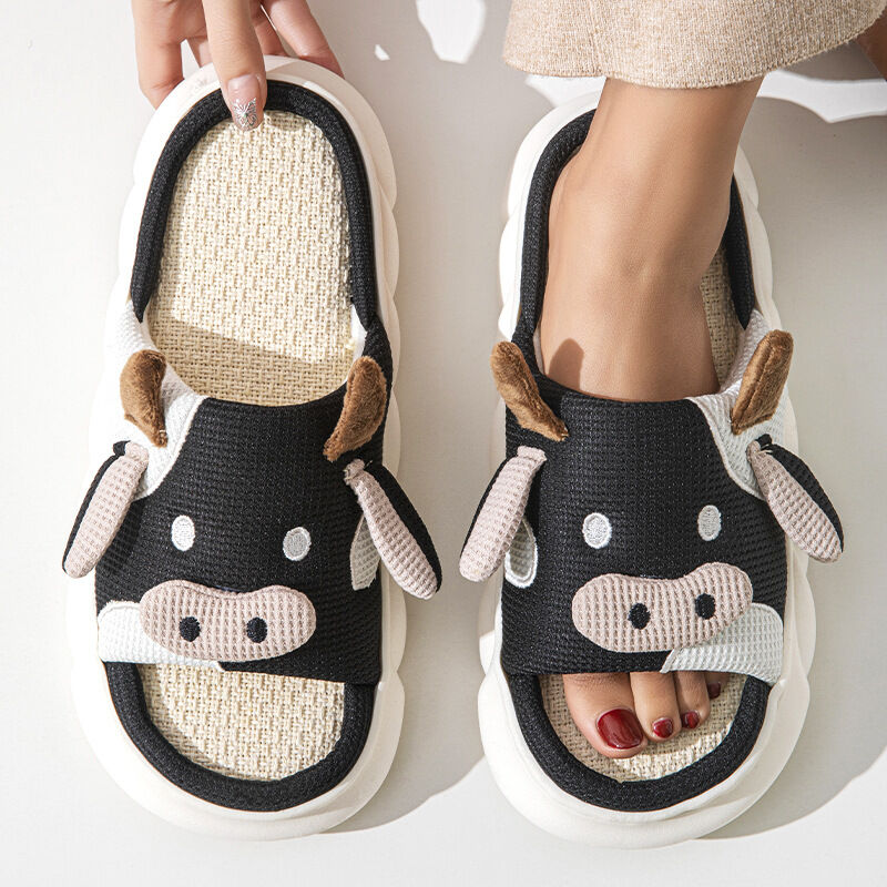 Unisex Cow Cartoon Linen Slippers: EVA Thick Sole Non-Slip Beach Sandals for Couples & Parent-Child, 7 Styles(black)