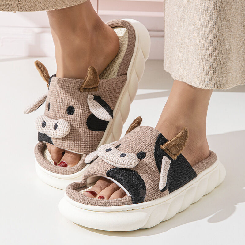 Unisex Cow Cartoon Linen Slippers: EVA Thick Sole Non-Slip Beach Sandals for Couples & Parent-Child, 7 Styles(coffee brown)