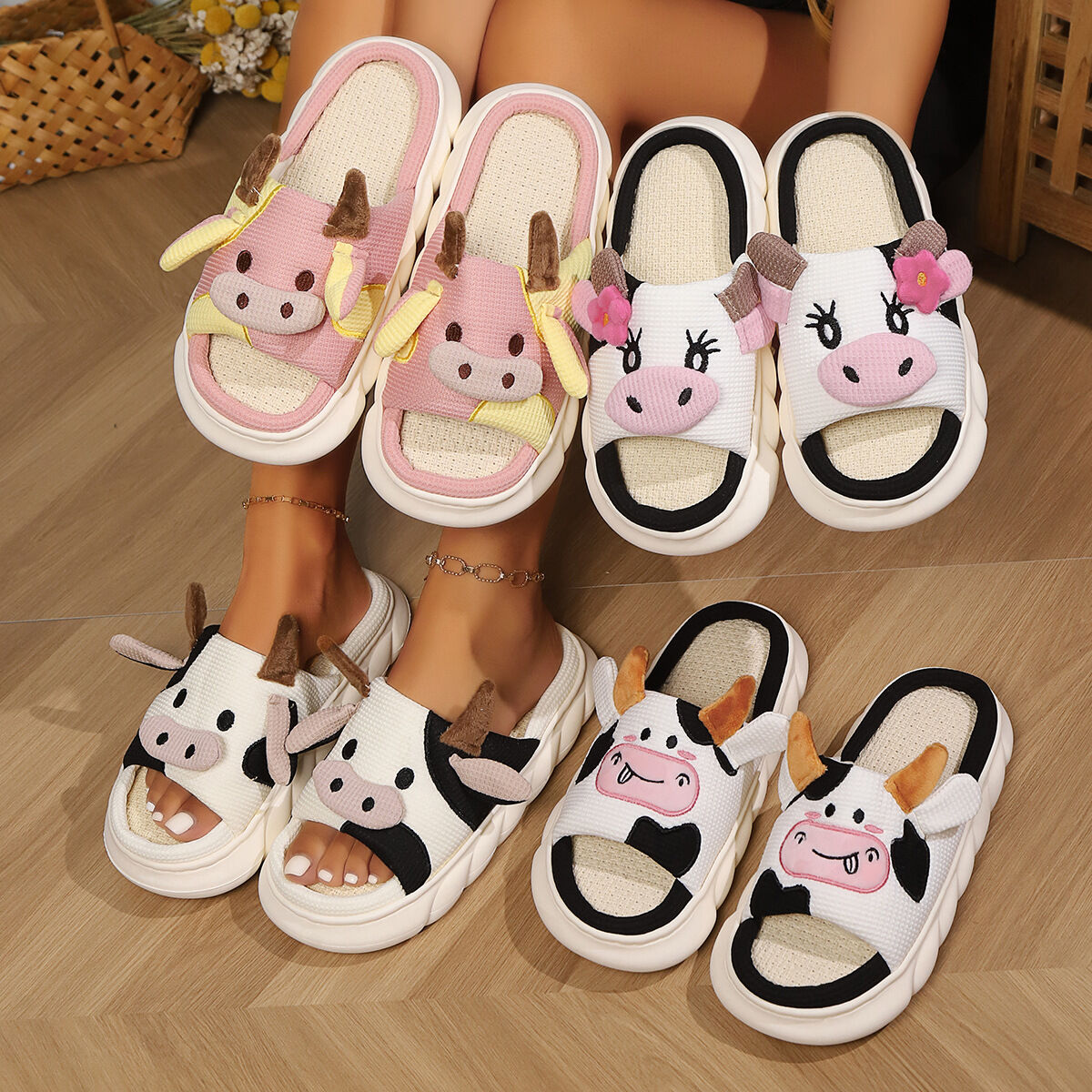 Unisex Cow Cartoon Linen Slippers: EVA Thick Sole Non-Slip Beach Sandals for Couples & Parent-Child, 7 Styles(white)