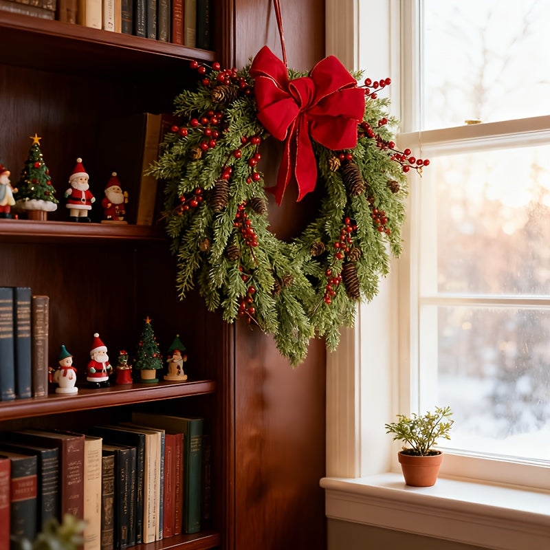 Pine Needle Red Berry Wreath with Heart Bow