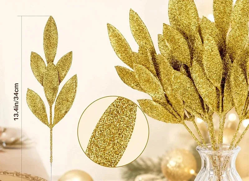 Trendbay 10Pcs Gold Glitter Christmas Leaves – 34 cm Artificial Branch Picks
